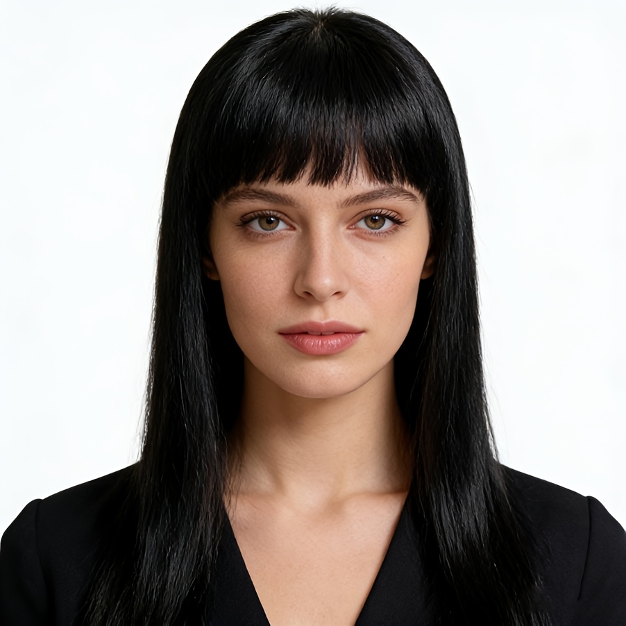 TEMU Women' 22-inch Long Straight Black Wig With Bangs Suitable For Parties, Daily Wear & - Heat-resistant Synthetic Fiber Hairpiece, High-density