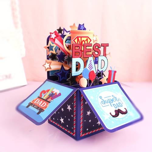 one piece of a 3d up card saying best dad with an envelope featuring a cartoon its and in multiple languages english german french japanese korean occasions like fathers day birthdays