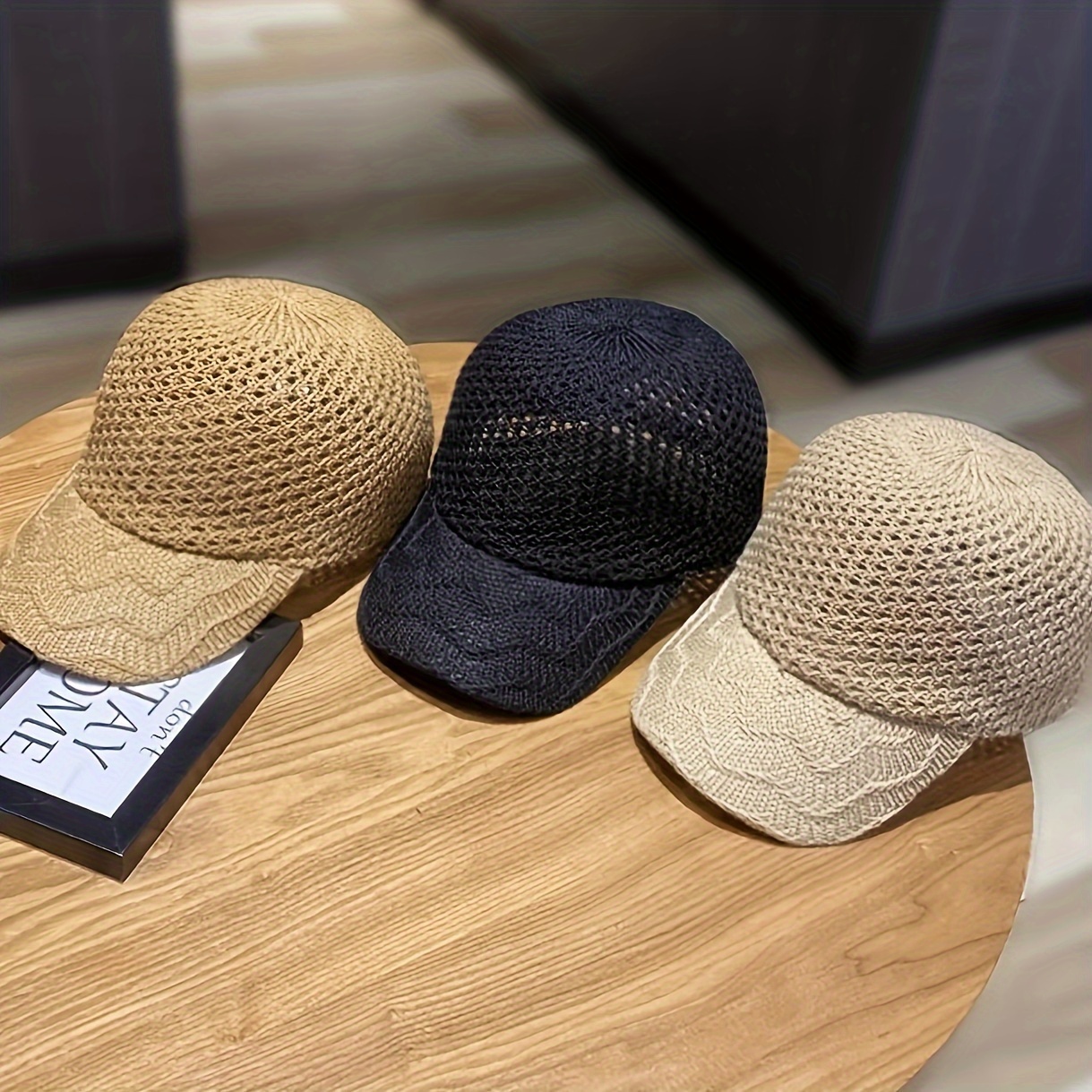 

Women's Breathable Crochet Straw Baseball Cap, Adjustable Sun Protection Summer Hats With Sweatband, Fashion Outdoor Headwear In Black & Beige