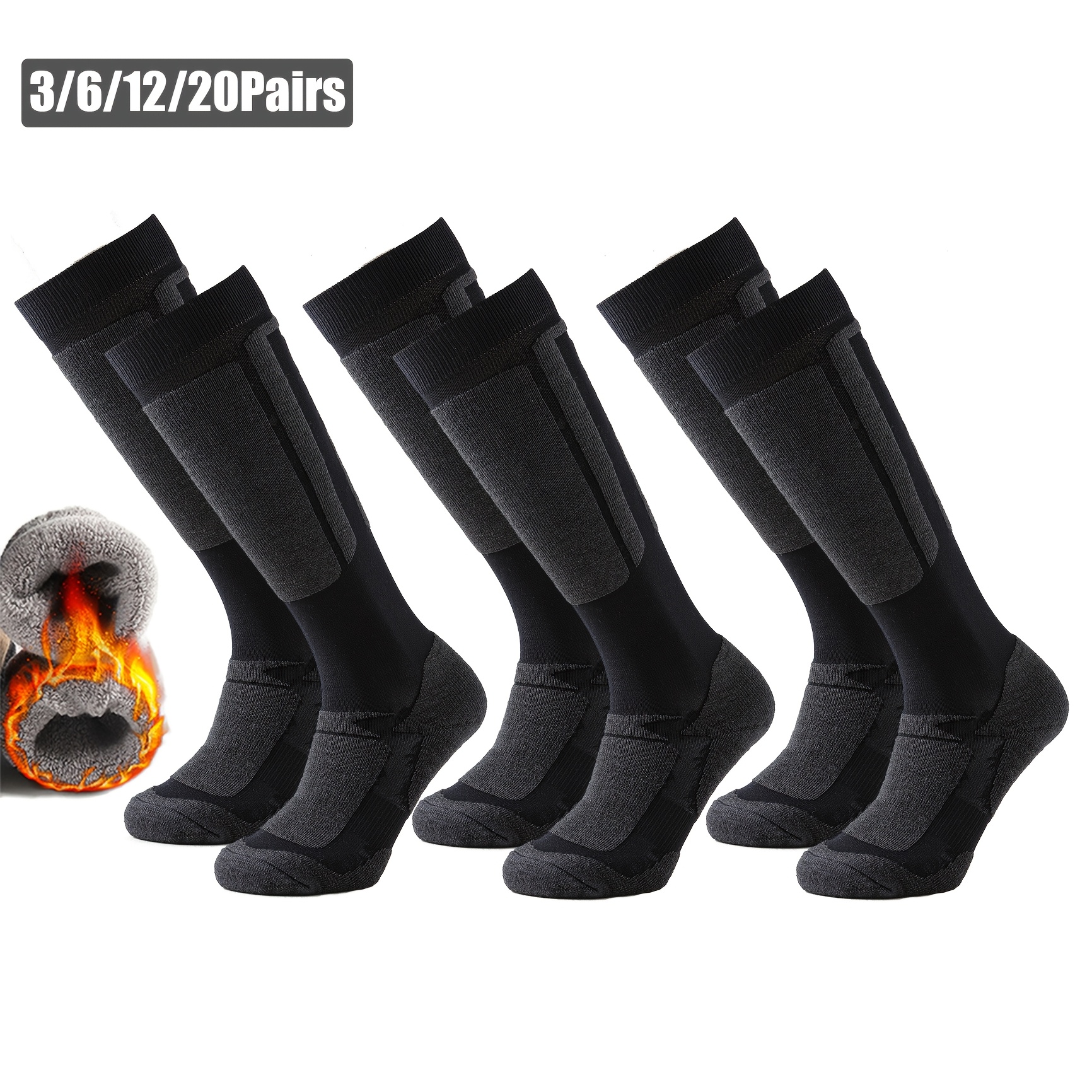 

3/6/12 Pairs Thermal Knee-high Socks - Cozy, Warm Towel Bottom For Winter Sports, Skiing, Snowboarding & Hiking - Polyester , Machine Washable