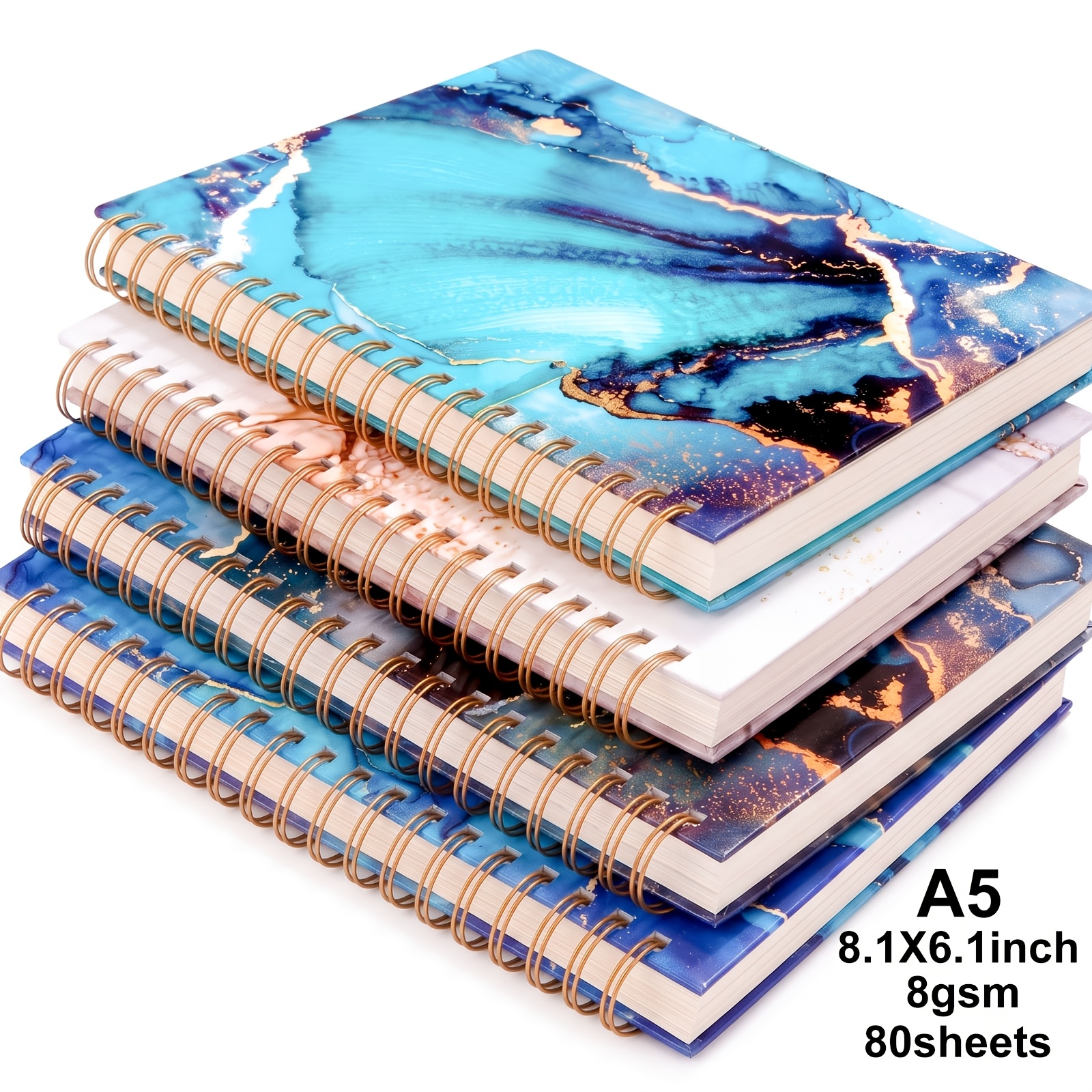 TEMU 4pcs A5 Spiral-bound Hardcover Notebooks With Marble Covers - 160 Pages, 80gsm Thick Paper, Lined College Ruled, Includes 2 Stickers, Vintage