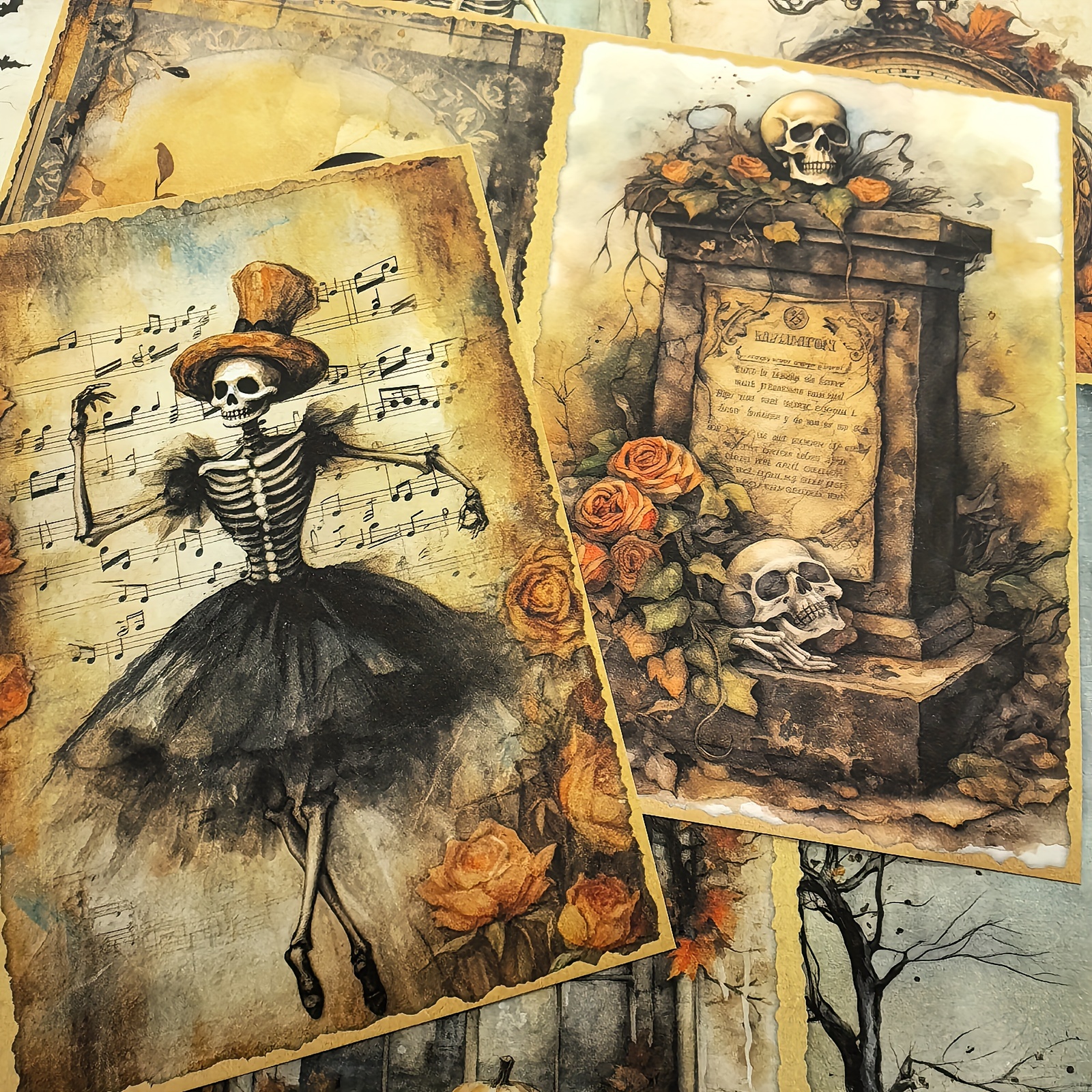 

Vigus Themed Watercolor Craft Paper, 10-sheet Scrapbooking Kit With Skeleton, Haunted House, And Vintage Ephemera Designs, Recyclable A5 Artistic Journaling Paper Set