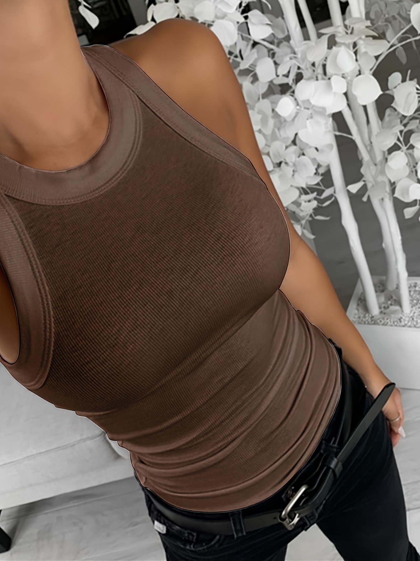 Women'S Casual Solid Color Brown Sleeveless Tank Top - Round Neck, Stretchy Polyester Blend, Perfect for Spring/Summer, Everyday Comfort|Casual Style|Stretchy Fabric