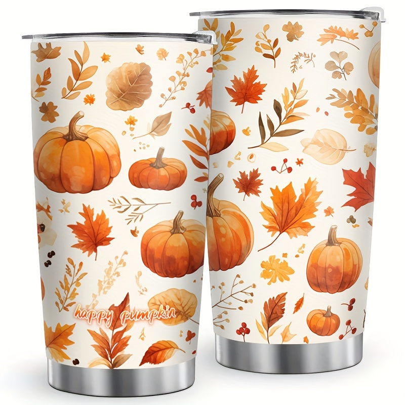 

20oz Stainless Steel Tumbler With Autumn Harvest Pumpkin Design, Hand Wash Only, Reusable, Multipurpose Coffee Cup With Enhanced Leak-proof Bpa-free Lid - Ideal Gift For Friends & Family