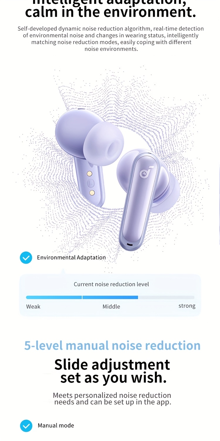 SoundCore by Anker P40i Noise-Cancelling True Wireless Oordopjes TWS, Bass Boost, 60 Uur Batterijduur, Ruisonderdrukking tot -45dB, 11mm Dynamische Driver, Geschikt voor Buiten, Reizen, In-Ear Muziek en Gaming Oordopjes met 6-Microfoon AI 3D Geluid, Reis Oordopjes,Outdoor Hoofdtelefoons,Compact