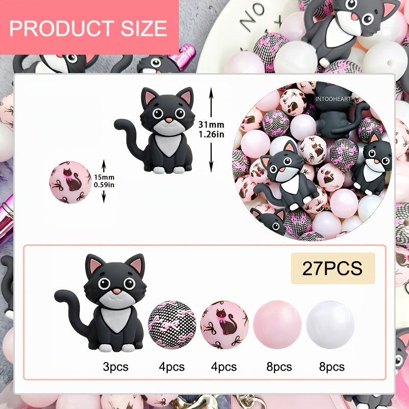 TEMU 27pcs 3d Cat Silicone Bead Set, Suitable For Handmade Crafts Beads, For Beading Pens, Bracelets, Necklaces, Bag Embellishments And Decorations,