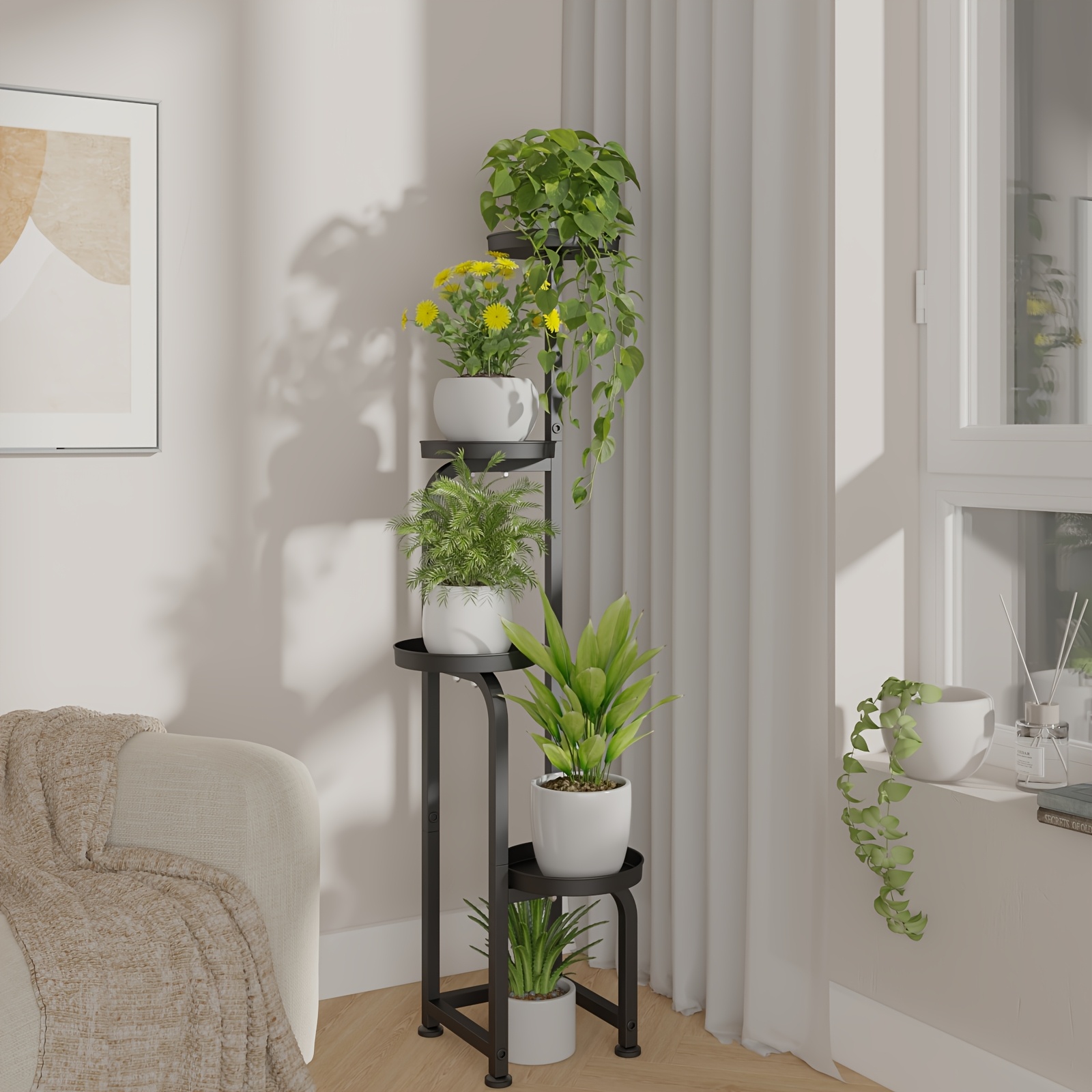 TEMU Heavy-duty 4-tier Metal Plant Rack With A Patented Design - A Indoor/outdoor Corner Shelving Unit For Over 8 Potted Plants - A Weather-resistant