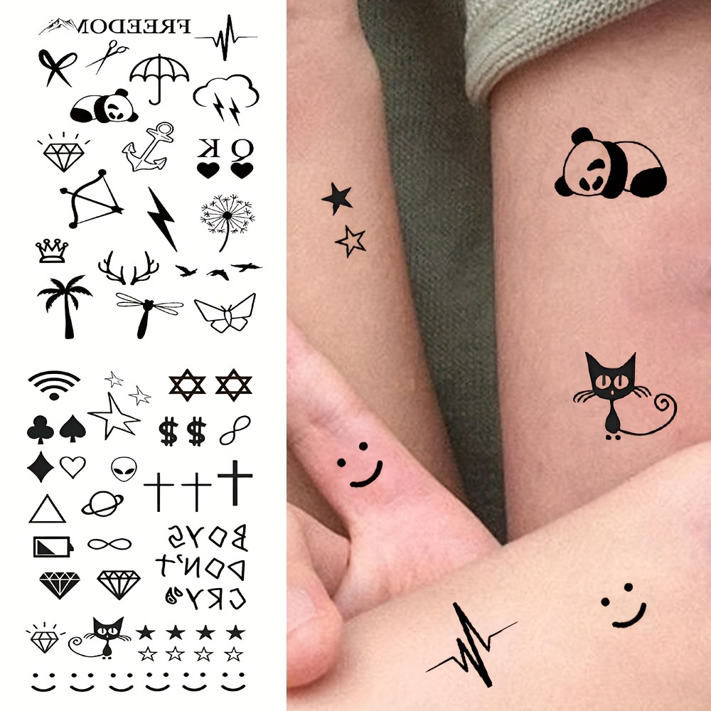 2 sztuki czarne urocze mini wzory tatuaży na palce - wodoodporne, radosna  ,  , krzyż, gwiazda, ważka, urocza panda i kot naklejki z tymczasowymi tatuażami dla mężczyzn i kobiet do dekoracji ciała
