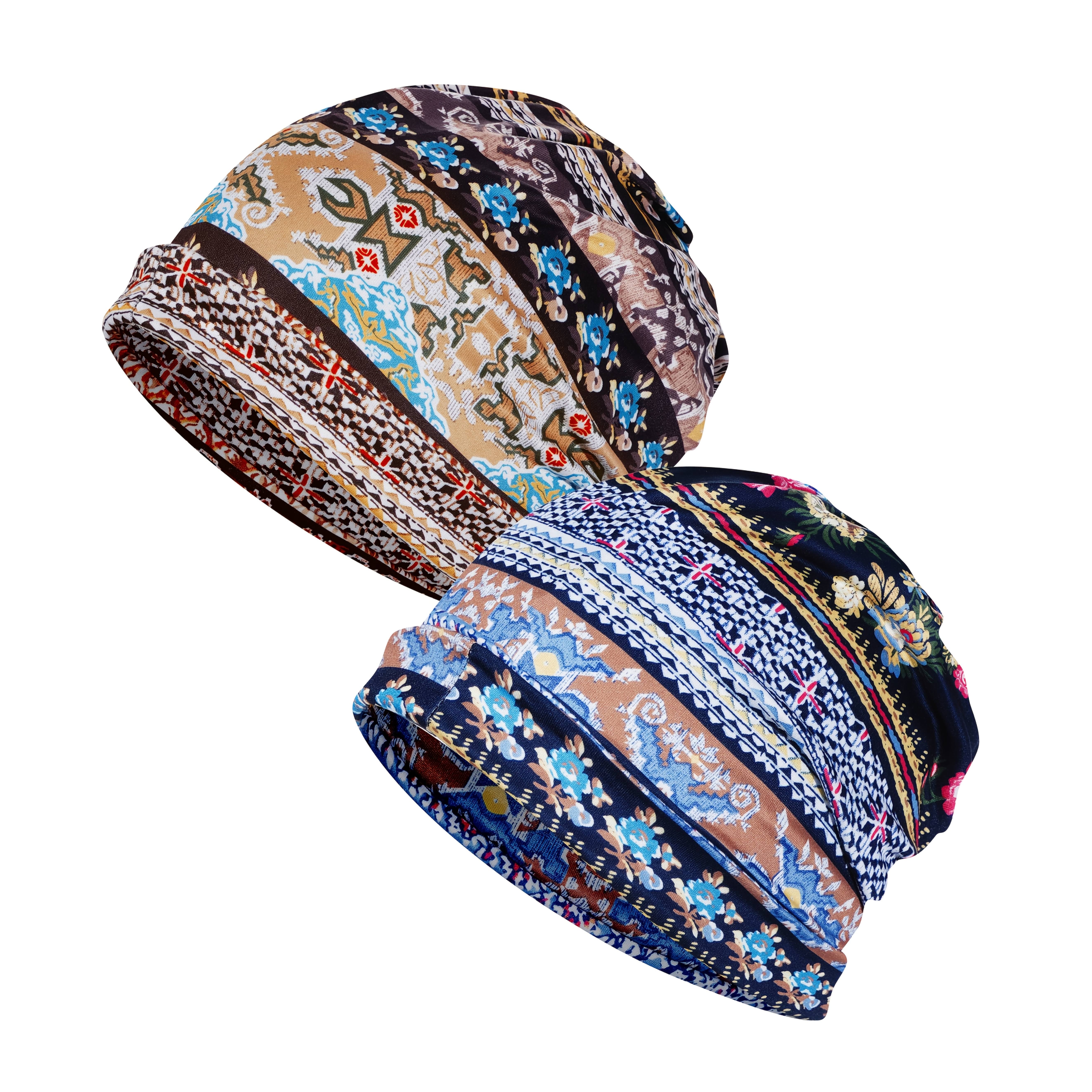 

Bohemian Style Knit Beanie With Floral Print, Cap, Textile Material ≥80%, Machine Washable, For Chemotherapy, Autumn & Winter