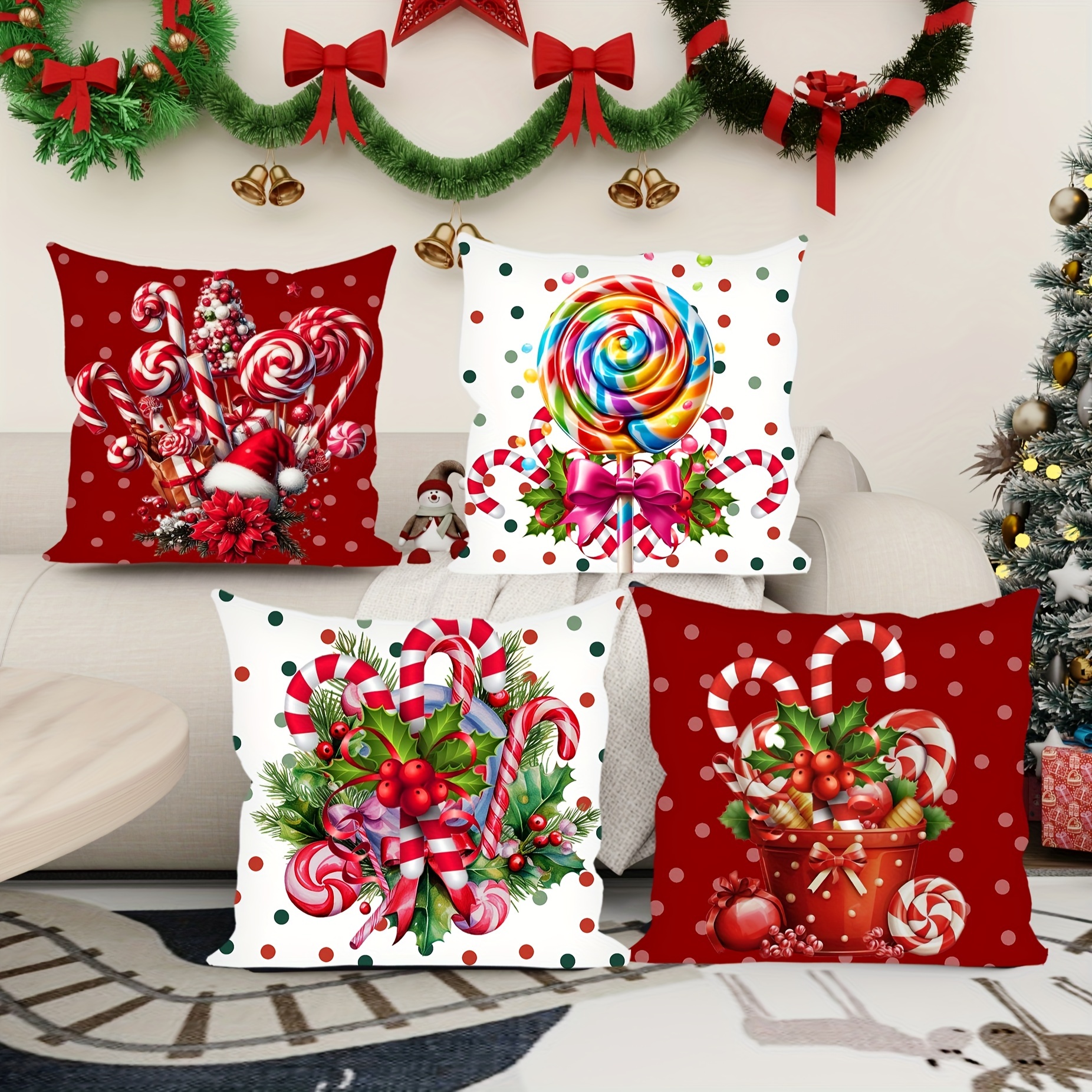 

4pcs Set Christmas Throw Pillow Covers - Cute , With Candy Canes, 18x18 Inches - Sofa & Bed Decor, Machine Washable, Zip Closure - Ideal Holiday Gift (pillow Inserts Not Included)