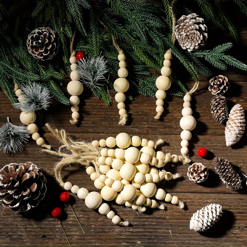 12pcs Bohemian Wooden Bead Garland Set Rustic Farmhouse Christmas Tree  Ornaments in White, Beige Golden Versatile Holiday Home Decor with