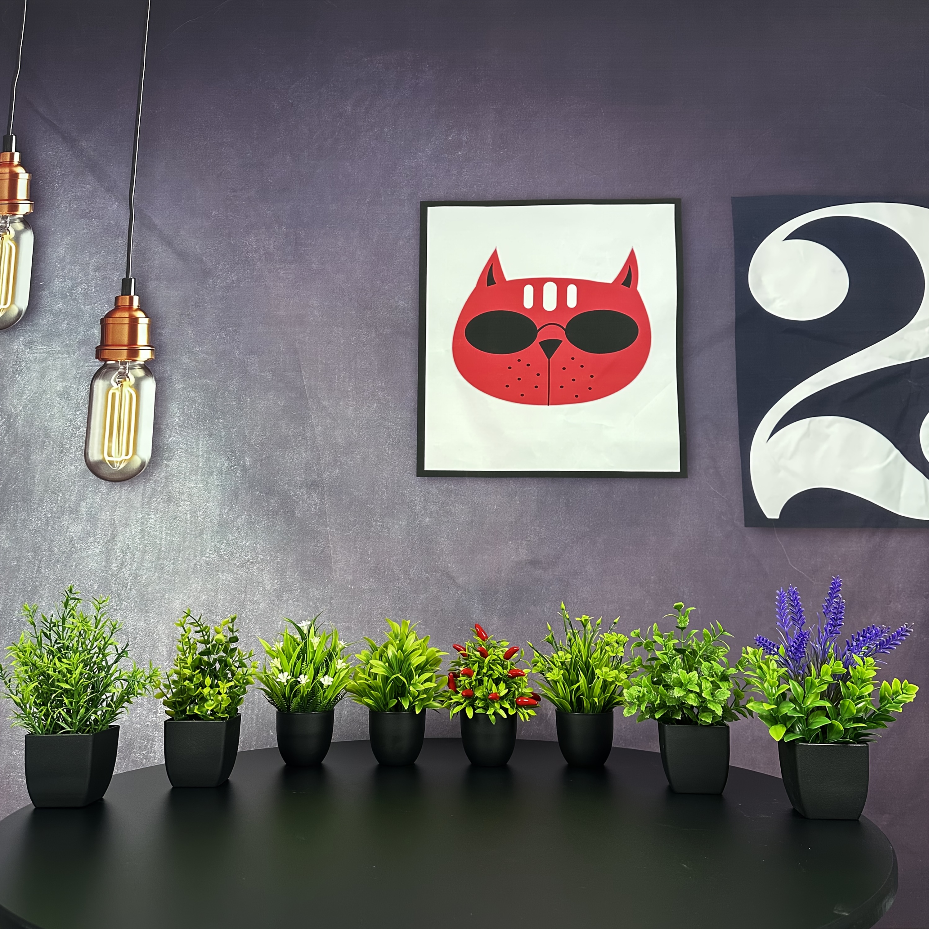 Image of 8pcs Artificial Plant Arrangement Set - Includes Black Vase With Fake Peppers, Lavender, Spring Grass, Mint Leaves, And Eucalyptus Greenery Bonsai, Suitable For Home Decor And Office Desk Display
