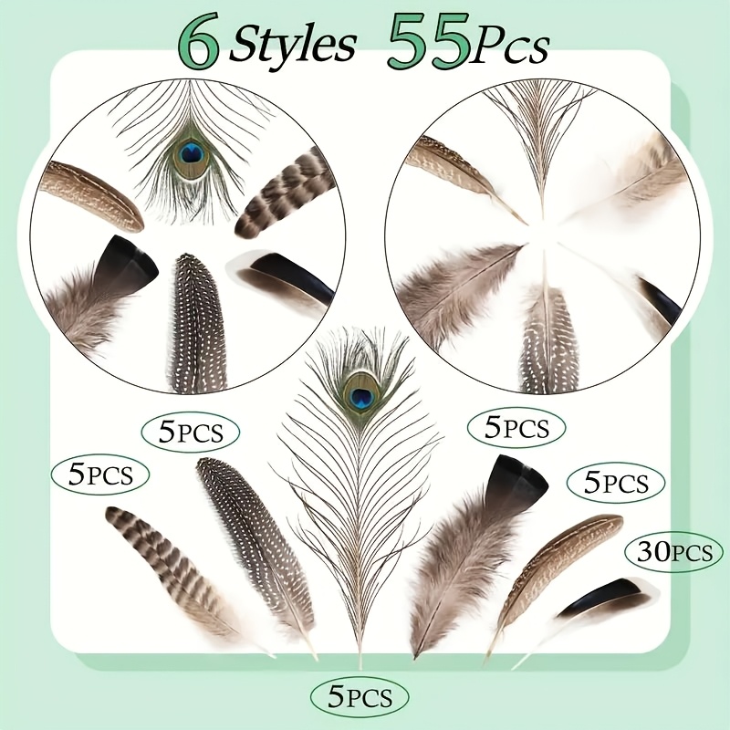 TEMU 6 Combinations, A Total Of 55 High-quality Handmade Craft Feather Sets Suitable For Jewelry Making, Wedding Decorations Additions, Desktop