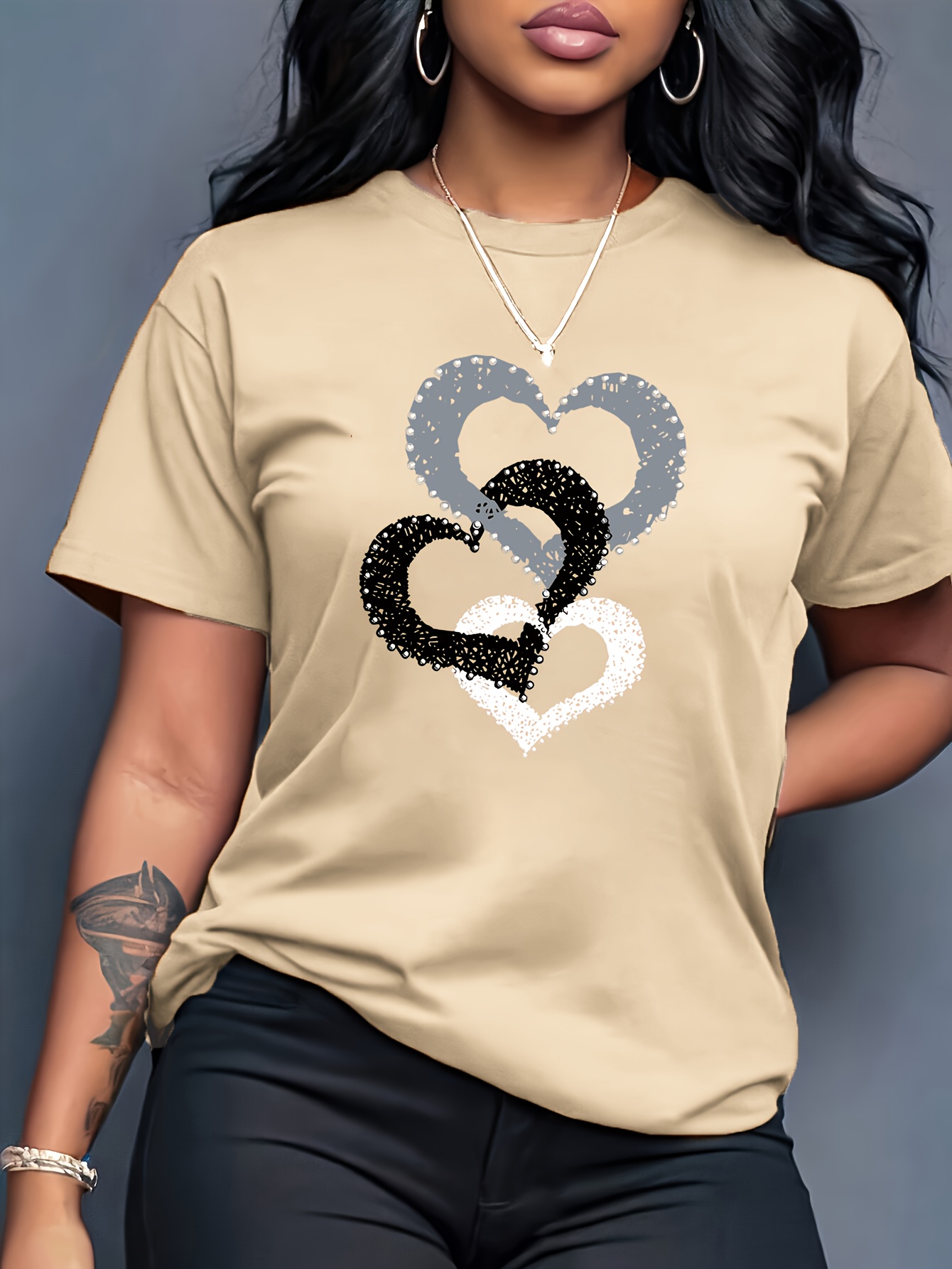 T-shirt Cœurs Femme Col Rond T-shirt pour femme à col rond et manches courtes, décontracté, sportif et tendance, avec imprimé graphique de lettres