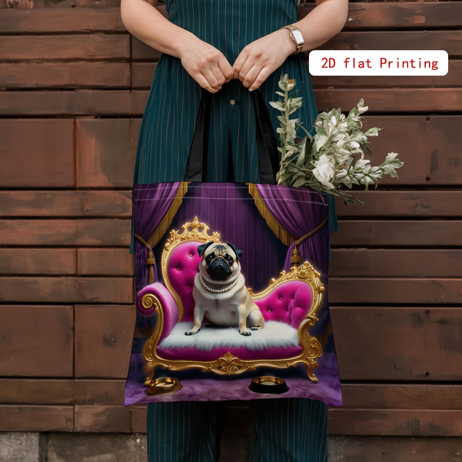 TEMU 1pc Cute Pug Pattern Tote Bag - Fashionable Bag Design, Women's Tote Style, Versatile As A Handbag Or Tote, Trendy Handbag Suitable For Daily