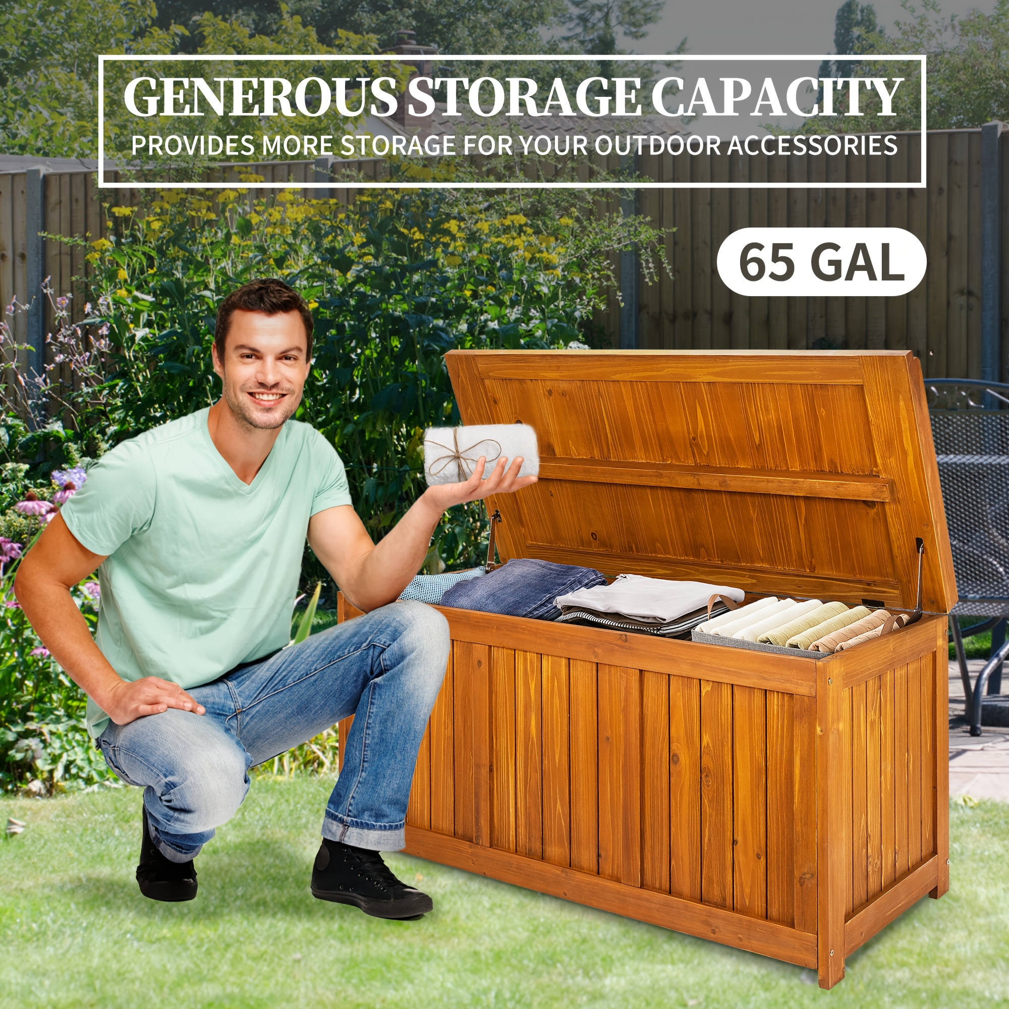 

65-gallon Solid Wood Deck Box - Waterproof Outdoor Storage Bench For Patio Furniture, Pool Supplies, Toys, Garden Tools & Sports Equipment