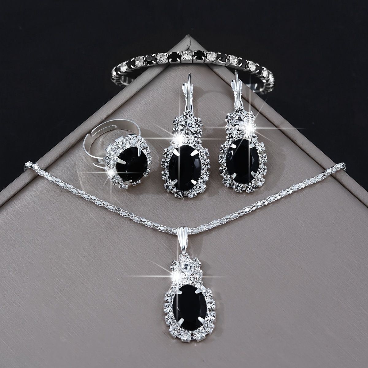 Image of 5pcs Women' Steel Rhinestone Jewelry Suite - Elegant Round Birthstone Necklace, Bracelet, Earrings & Ring Matching Set, Synthetic Stone,, Daily Wear ( European Style)