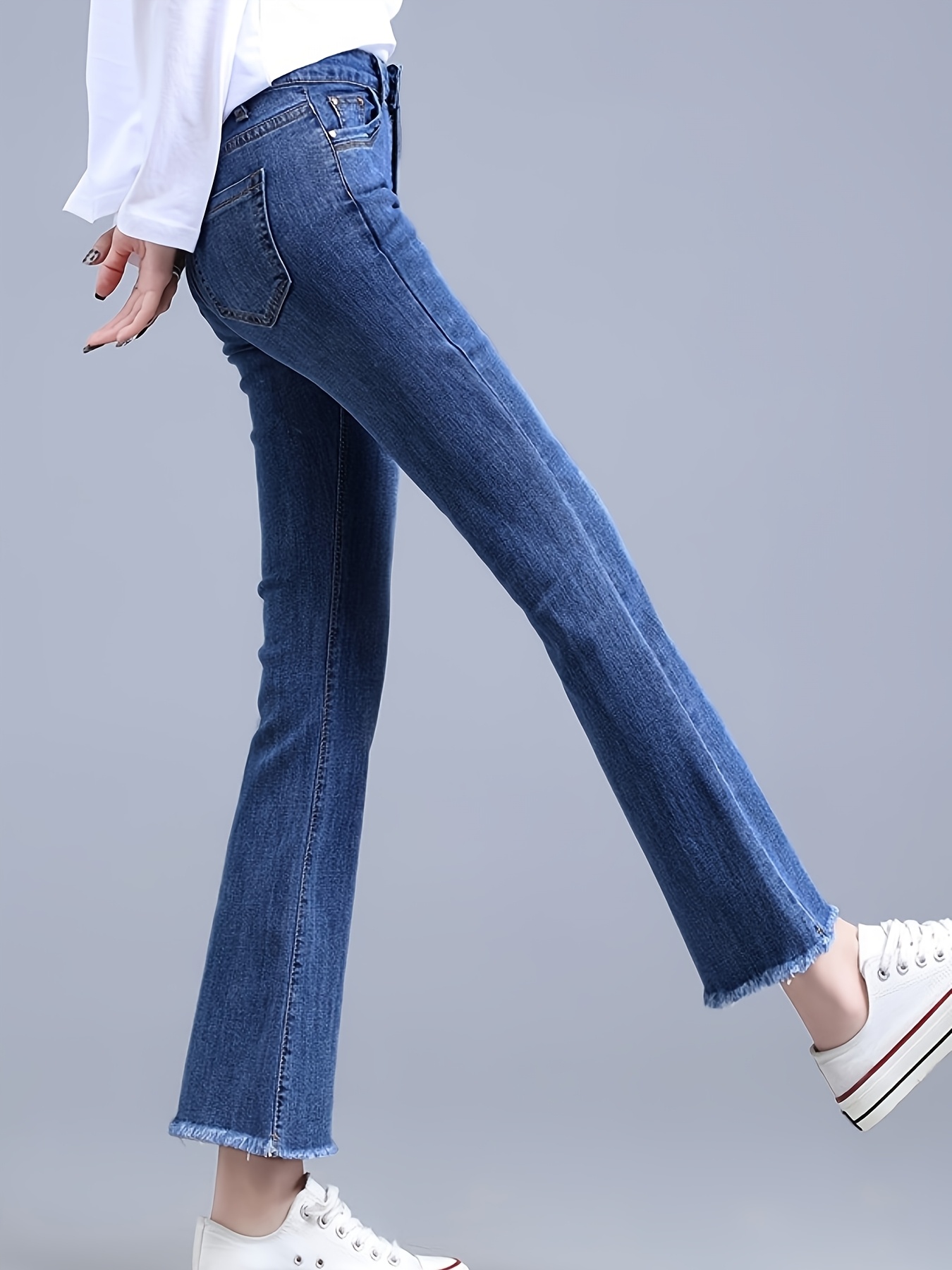 item picture womens high waisted bootcut jeans with frayed hem casual straight leg denim pants light wash machine washable   fit for casual attire everyday jeans   wash stretchable denim