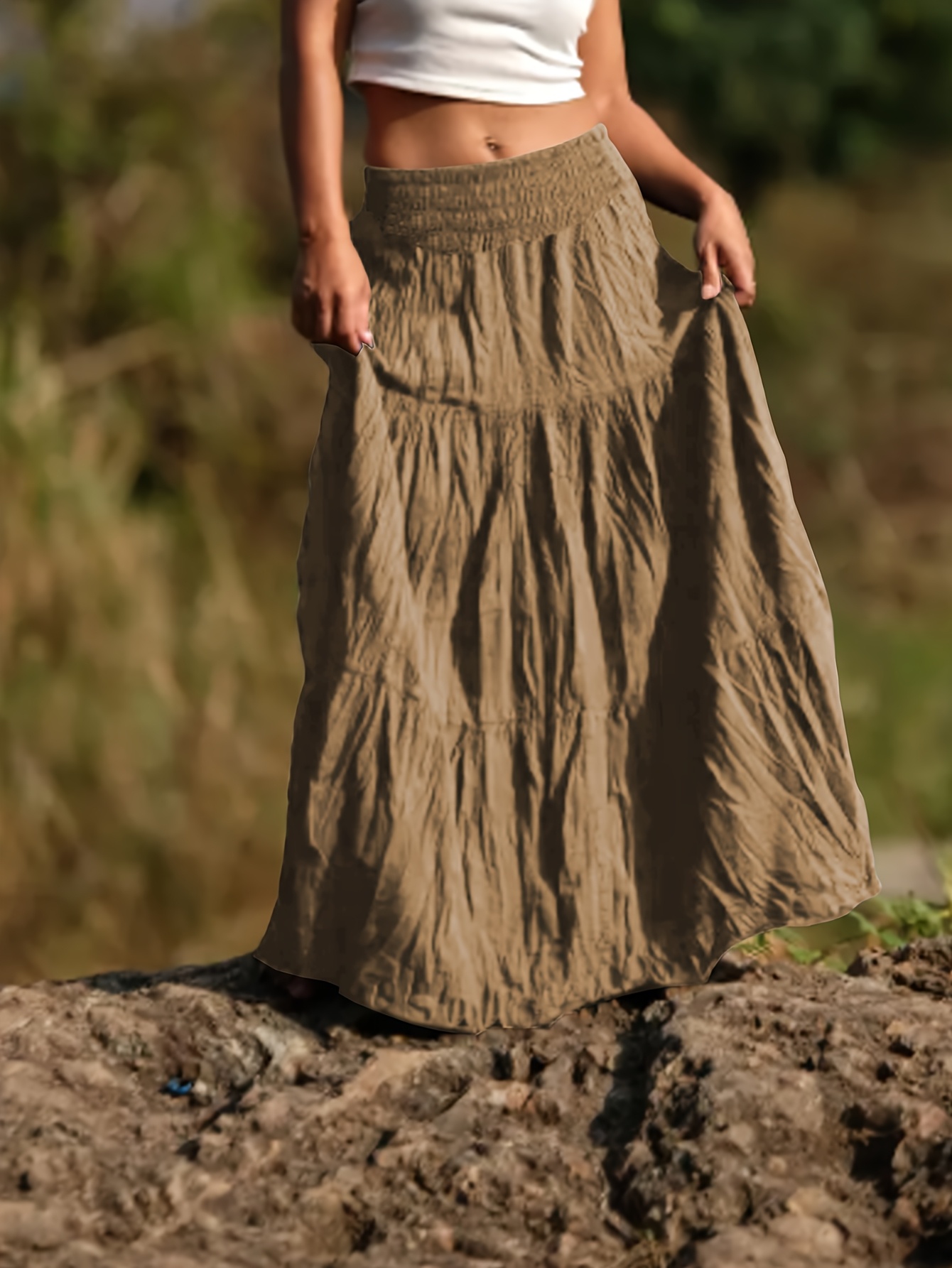 womens casual waist high pleated long skirt multi layer   hem solid   for spring summer fall casual attire casual attire   hem skirt waist pleated skirt