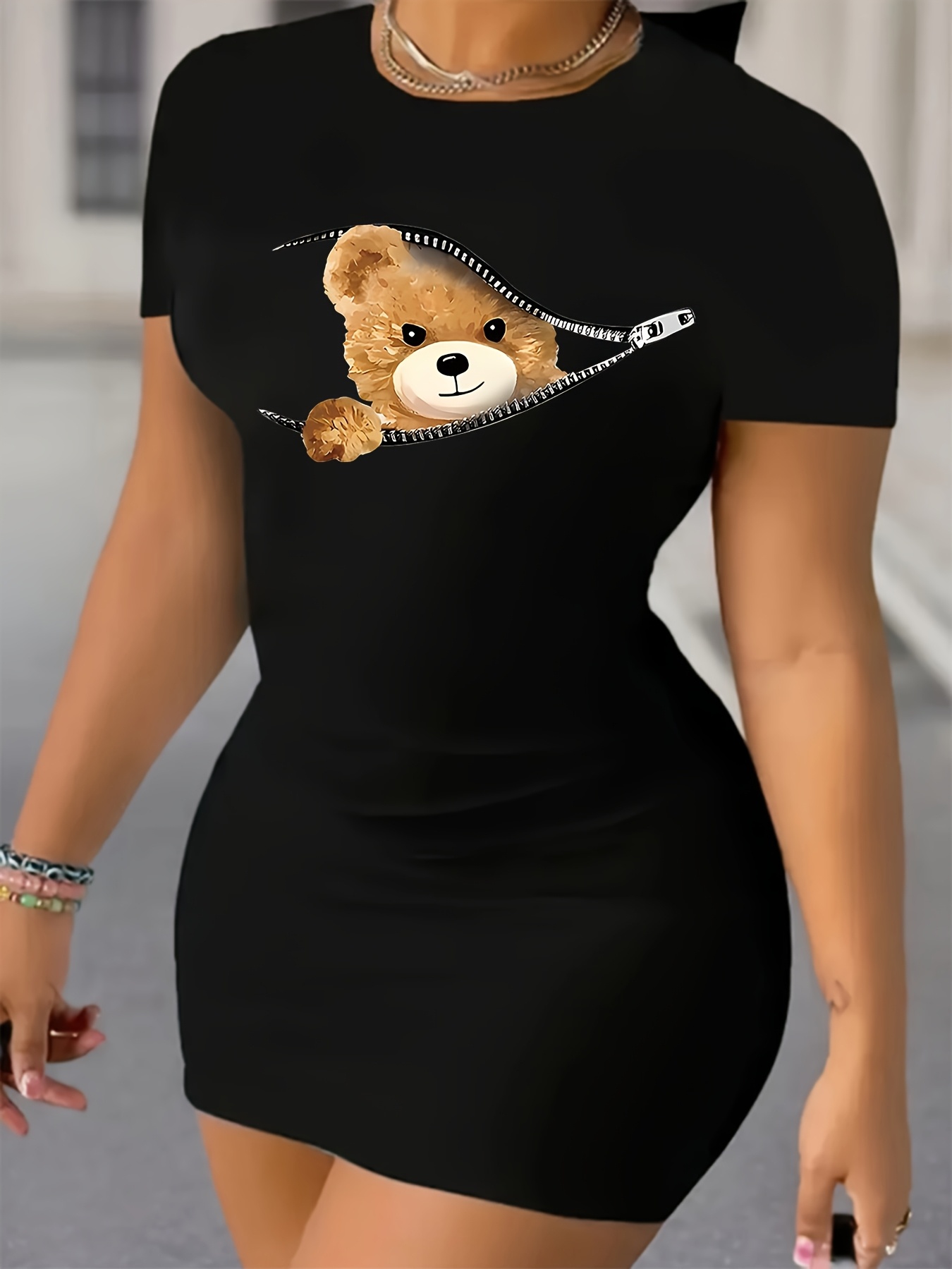 ladies casual bodycon dress cute bear print round neck short