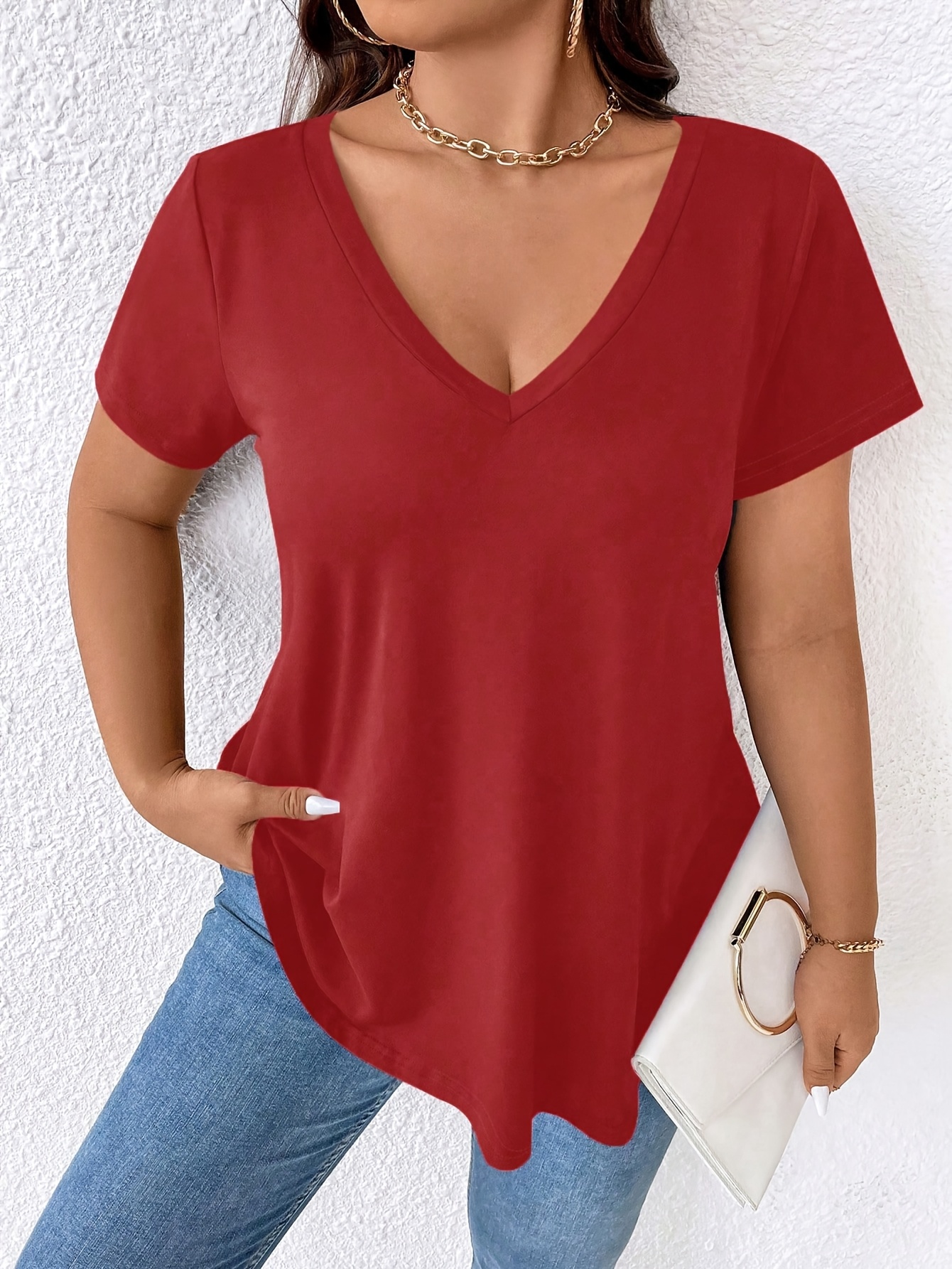 Women's Elegant V-Neck Short Sleeve T-Shirt - Soft Stretch Fabric, Machine Washable, Solid Color Casual Top for Spring Summer Fall, Seasonal Fashion, Versatile Clothing, Nontransparent Material