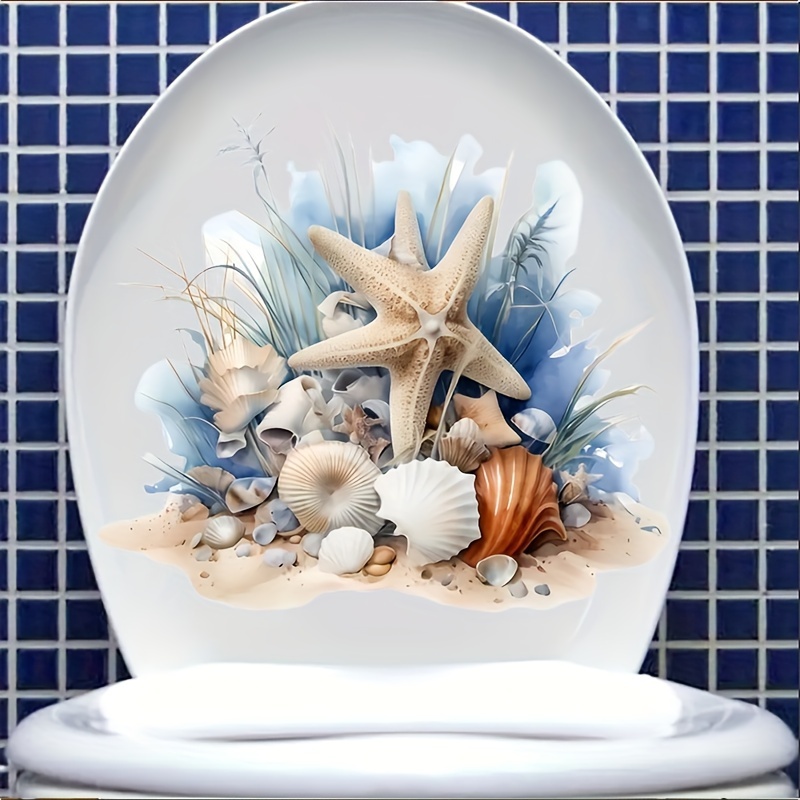 

1pc Toilet Seat Sticker - Scene With Starfish & Shells, Easy-to-apply, Home & Party Decor, , Beach Bathroom Decor