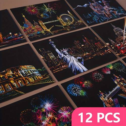 12pcs scratch postcard scene scratch drawing for teens adults 12 pre printed cityscape designs 12 wooden styluses relax activity perfect unique gift for men women christmas birthday