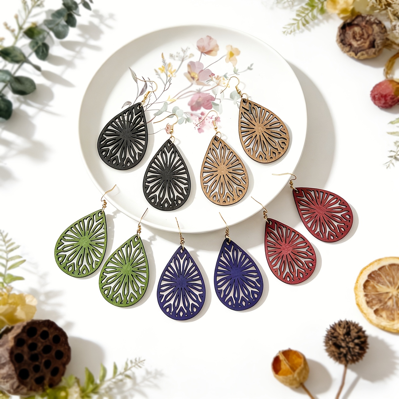 5 Pairs Vintage Geometric Wooden Pendant Earrings Set