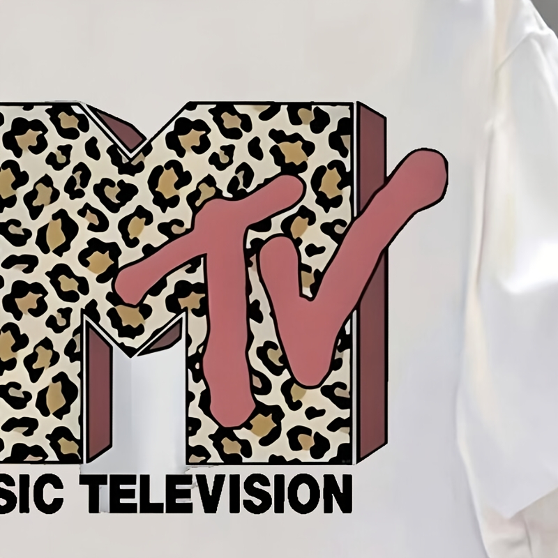 

1pc Women's Casual Round Neck T-shirt With Leopard Print "mtv Music Television" Lettering, Knit Fabric, Short Sleeve, Regular Length, Spring/summer/autumn Fashion Top