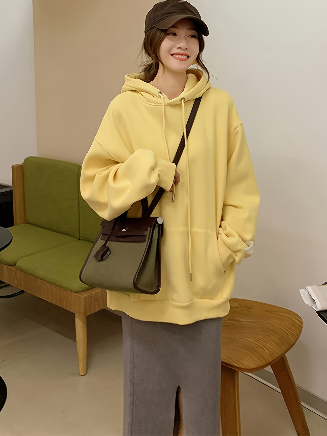 asian style solid yellow hoodie women cotton blend 30 cotton
