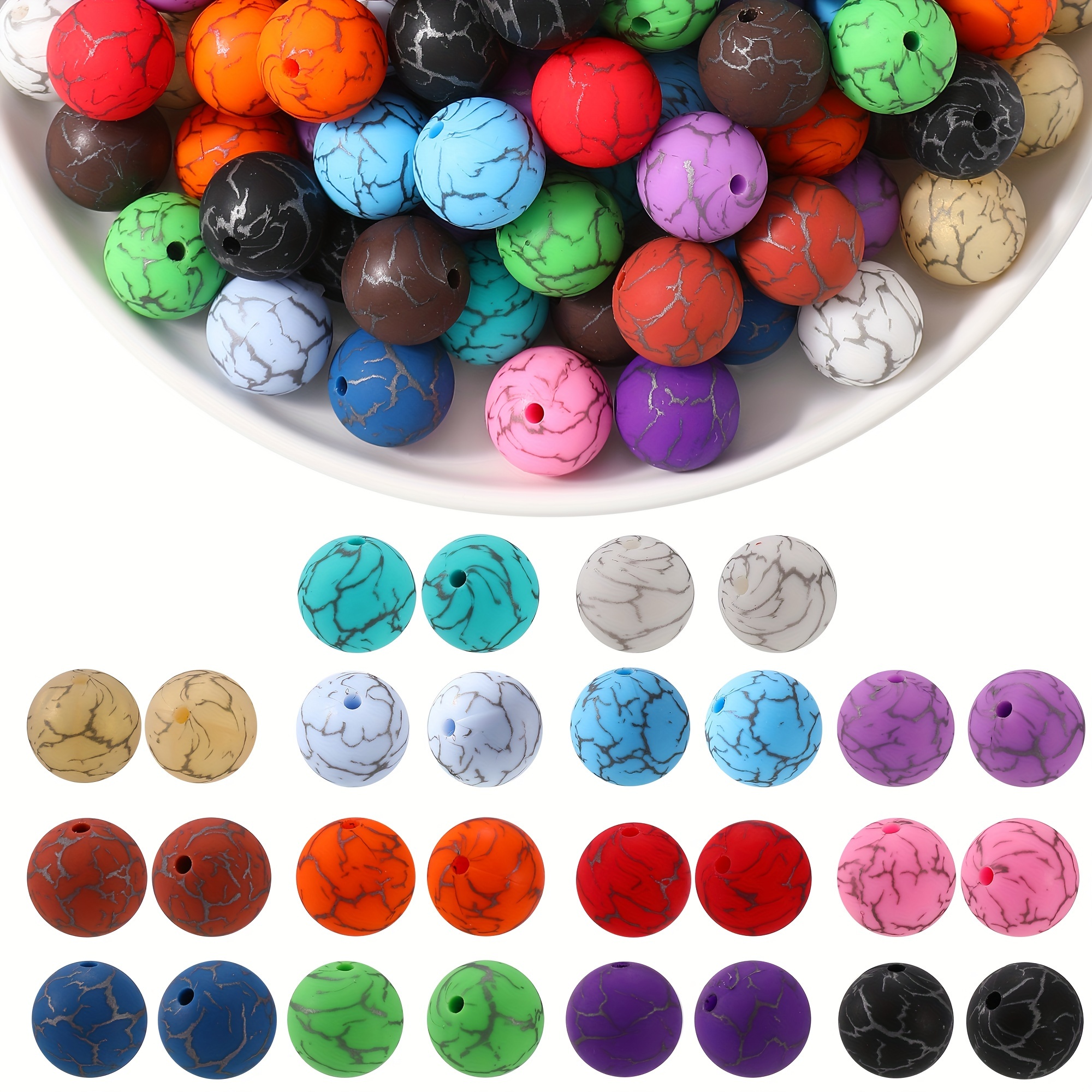 

45 Strip Printed Round Crack Silicone Beads, 15 Mm, Loose Silicone Beads For Making Keychains Creative Pen Decorative Necklaces And Bracelets