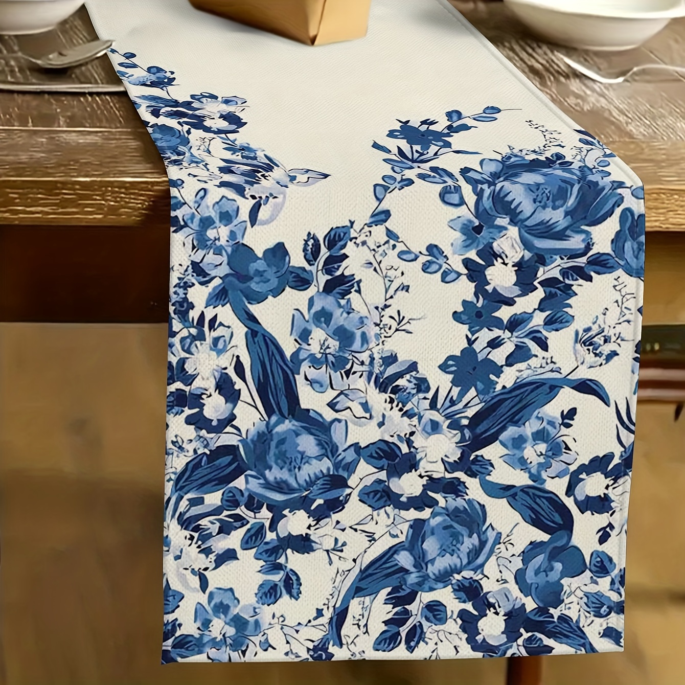 

Chic Blue Floral Linen Table Runner - Home Dining & Parties, 13x72 Inches, Table Decor, Dustproof, Party Supplies