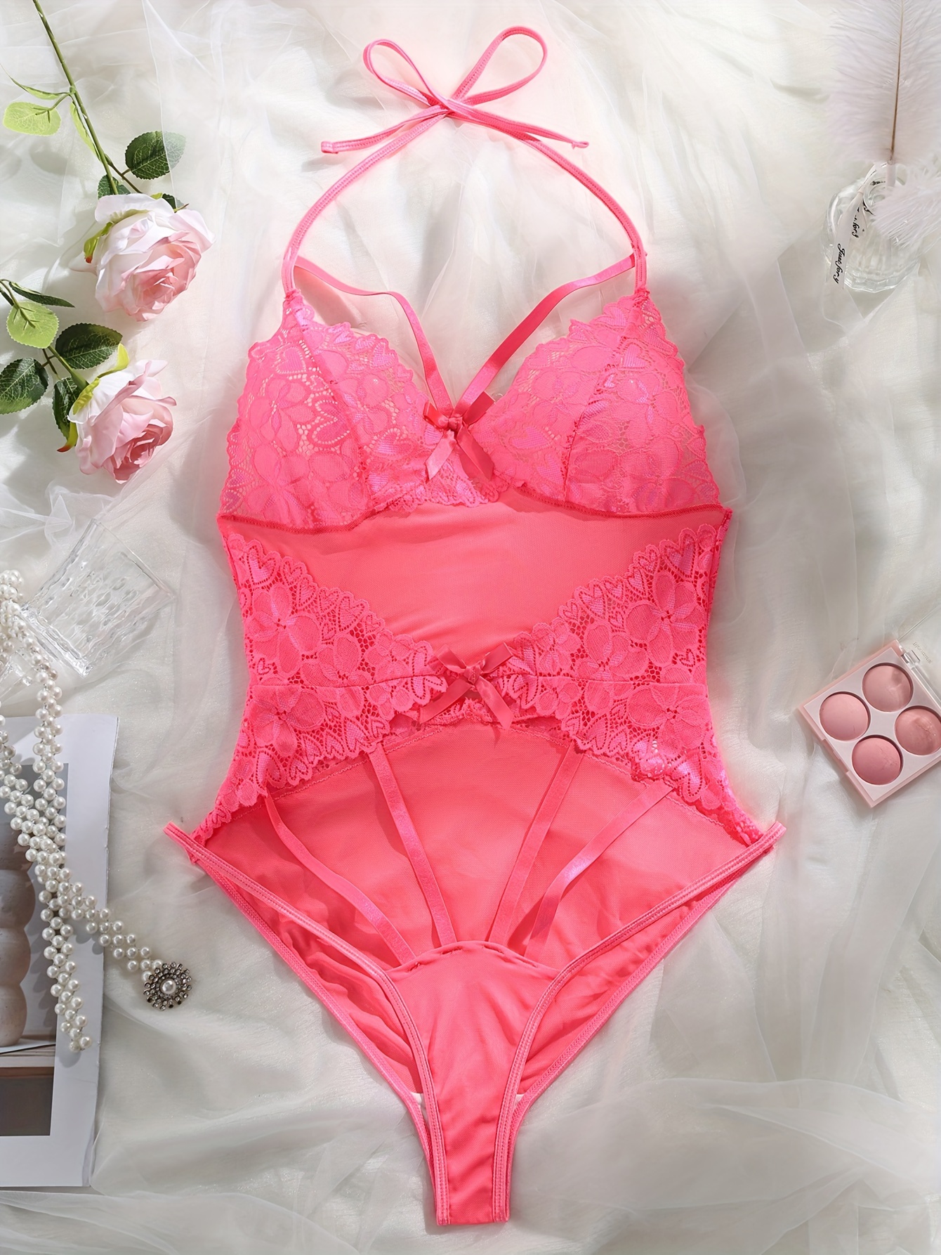 Curves Bright Pink Lace Strappy Bodysuit