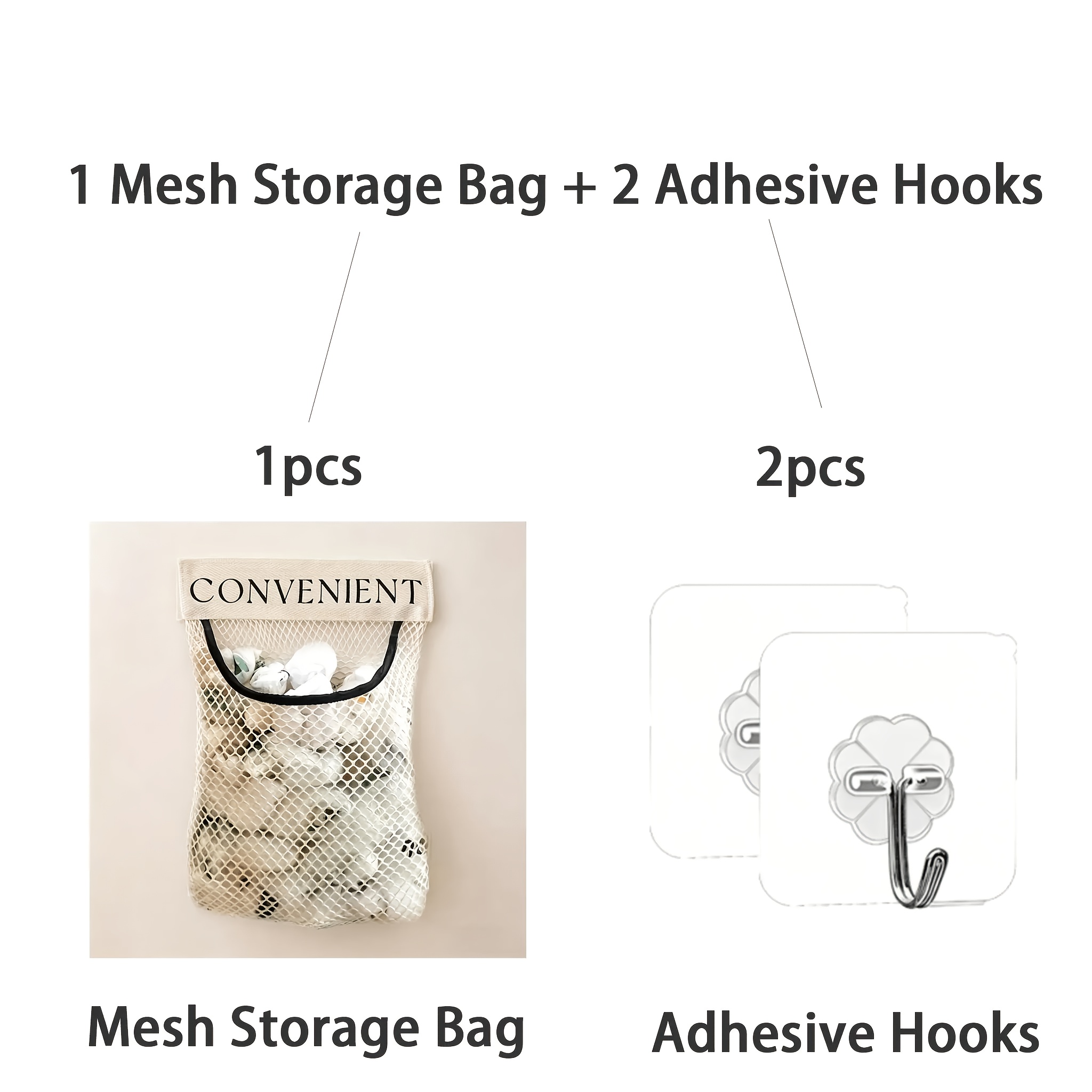 TEMU 1pc Kitchen Hanging Mesh Storage Bag, Large Capacity Wall-mounted Organizer, Includes 2 Reusable Adhesive Hooks, Hung Behind Doors, On Cabinets,