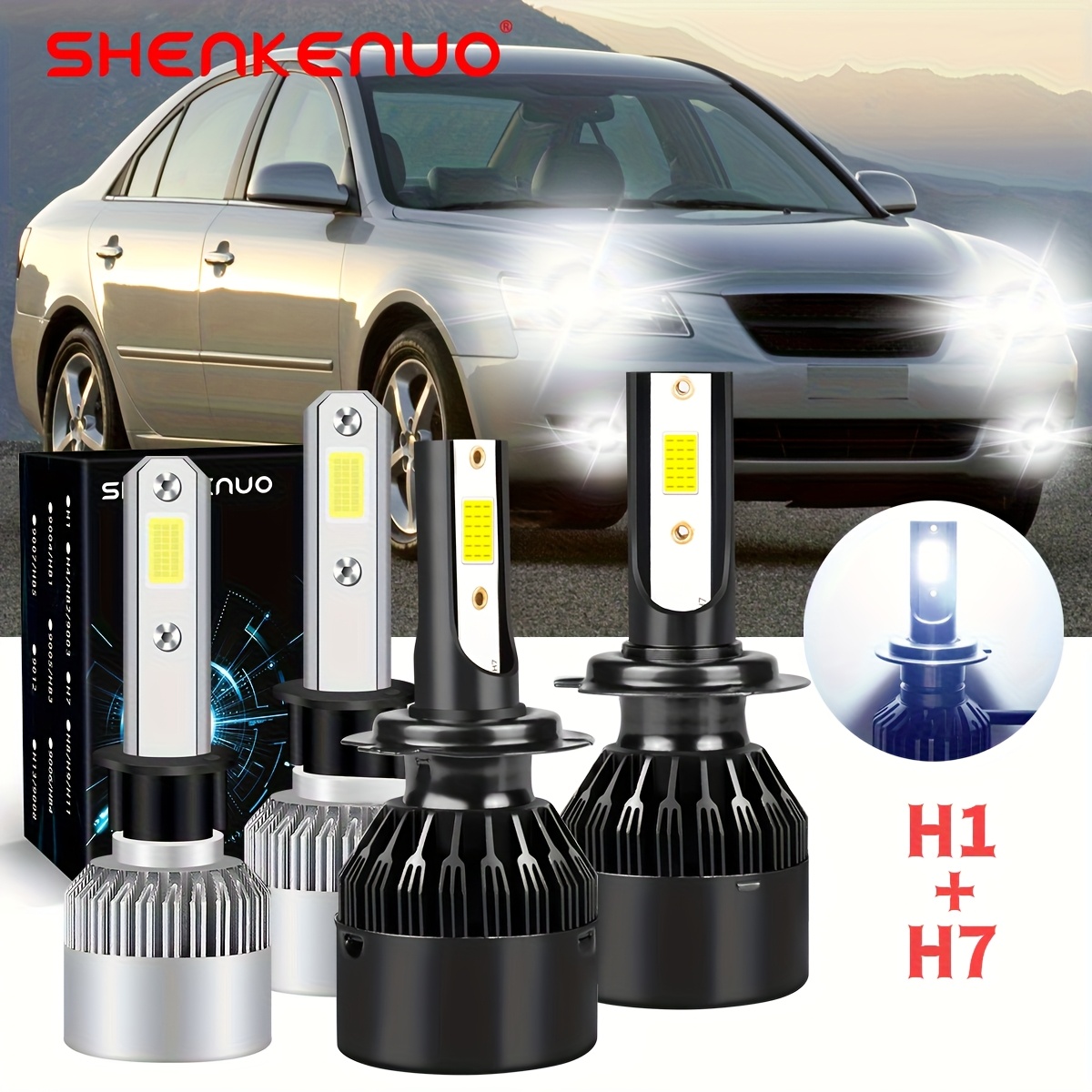 For 2002-2009 White Led Headlight Bulbs, H1 High Beam + H7 Low Beam, Plug And Play, Pack Of 4