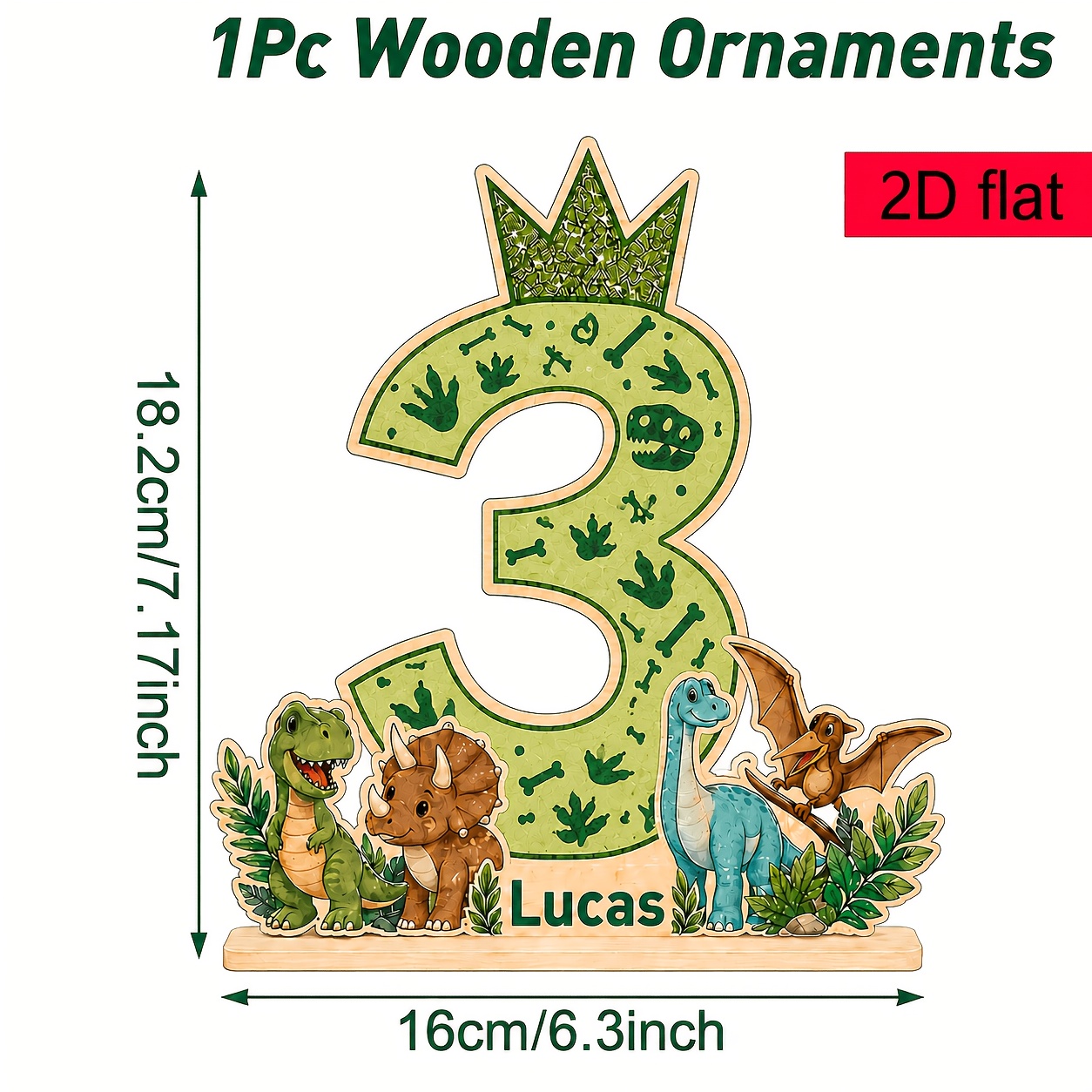 TEMU 2d Flat, 2d Flat Dinosaur-themed Wooden Birthday Number Decoration Plaque, Customizable With Name And Number, Green Dinosaur Footprint Pattern