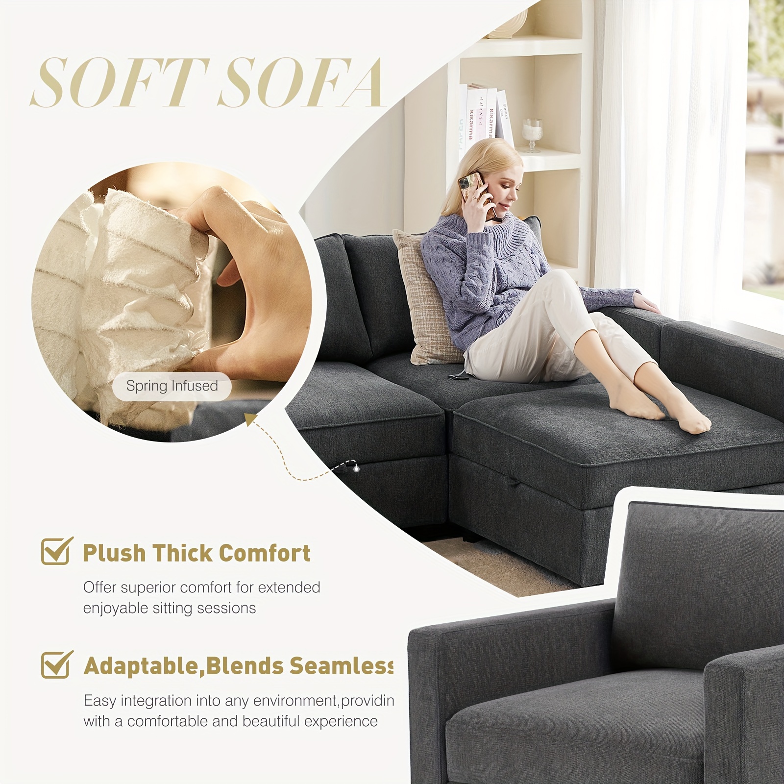 127 Modern L Shape Modular Sectional Sofa Fabric Corner Sofa Chaise with 7 Pillows Included Under Seats Storage Space Elegant and Functional