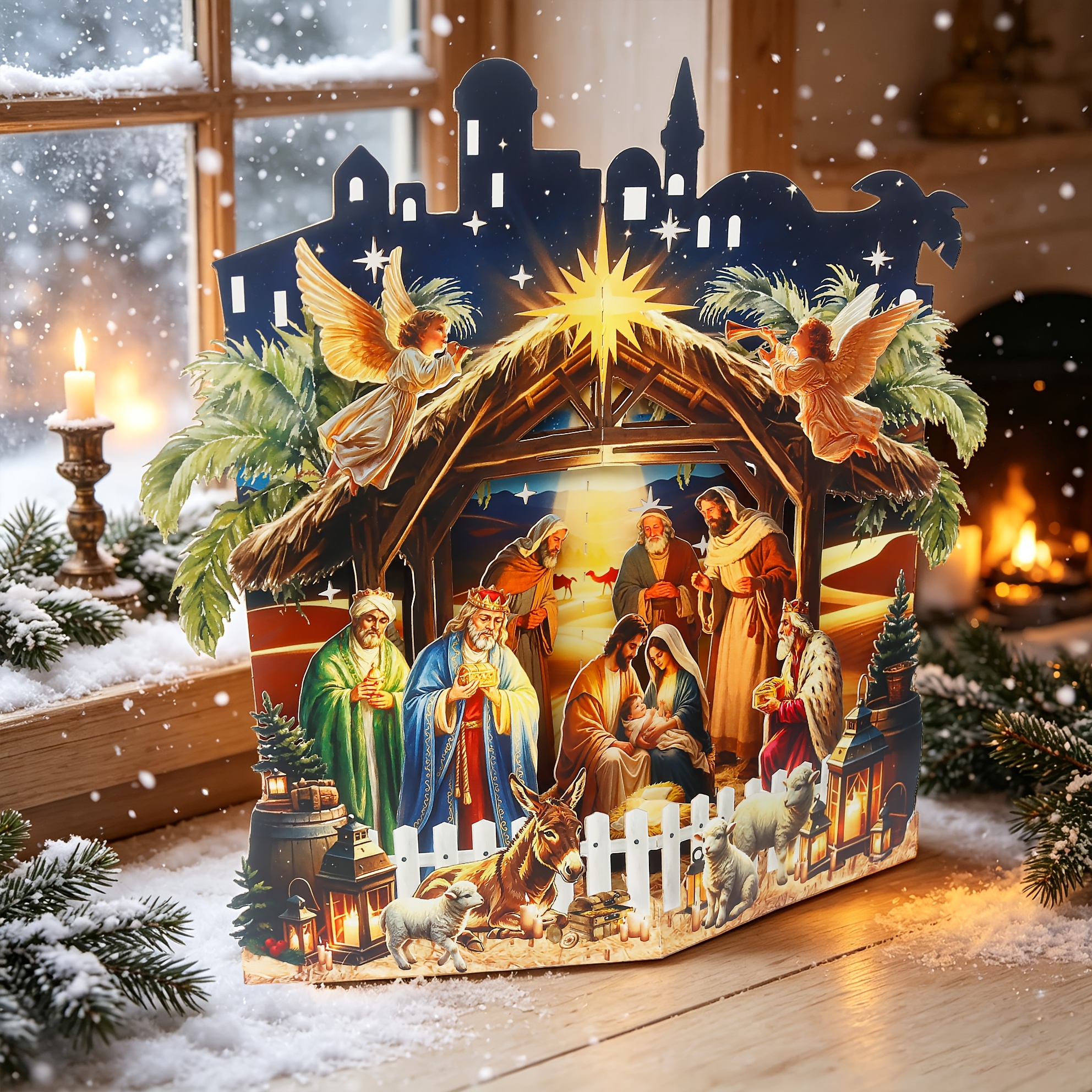 TEMU 1pc 3d Pop-up Christmas Nativity Scene Card, Laser Cut Holy Manger Table Ornament, Xmas Greeting Card Featuring Angels & , Christian Holiday