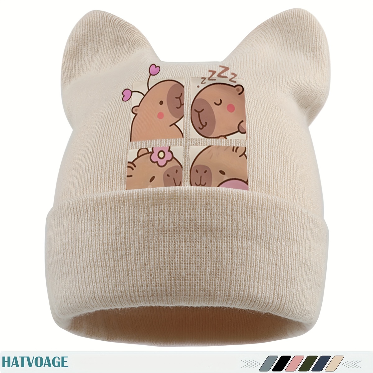 TEMU 1 stuk Leuke Wintermuts met Capibara-print - Schattig Capibara-gezichtontwerp met Hartjes en Dolfijnen, Lichtgewicht Ademende Unisex Muts voor