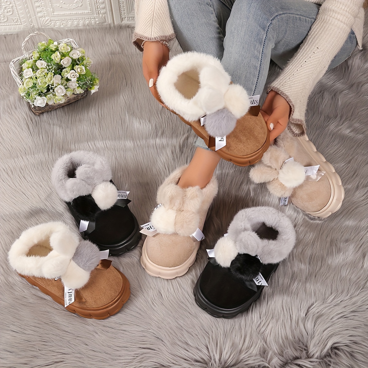 

Women's Pom Pomp Indoor/outdoor Warm Fleece Slippers, Soft Sole Plush Snow Boots, Comfortable Warm Solid Color Fabric Footwear With Plain Toe And Eva Sole