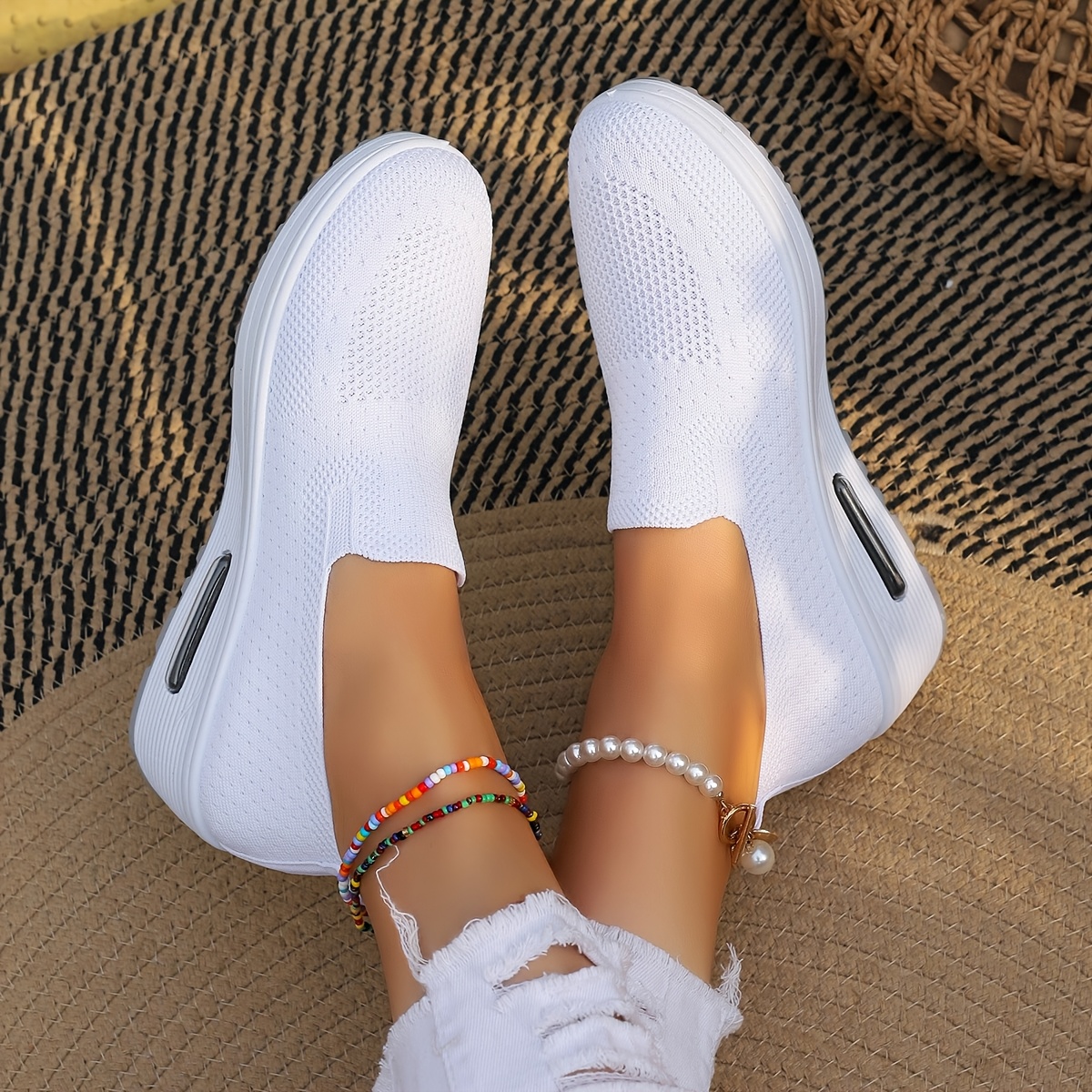 TEMU Lightweight Sneakers - White Slip-on With Rubber Sole, Breathable Fabric Upper, Casual Shoes, Casual Footwear | | Comfortable Footwear