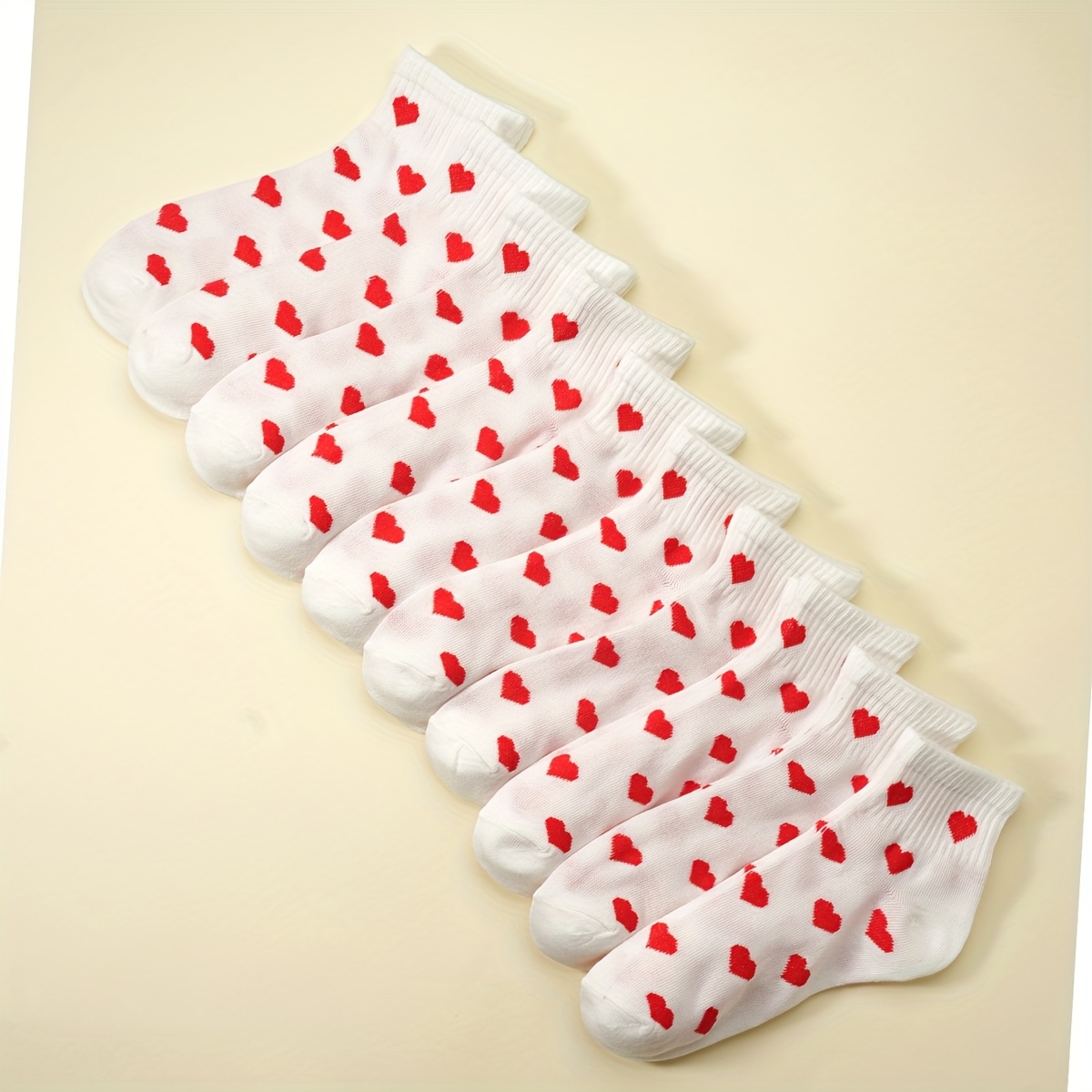 

10pcs Elegant White Ankle Socks With Red Heart Pattern For Women, Soft Polyester & Elastane , Machine Washable - Stylish & Comfortable