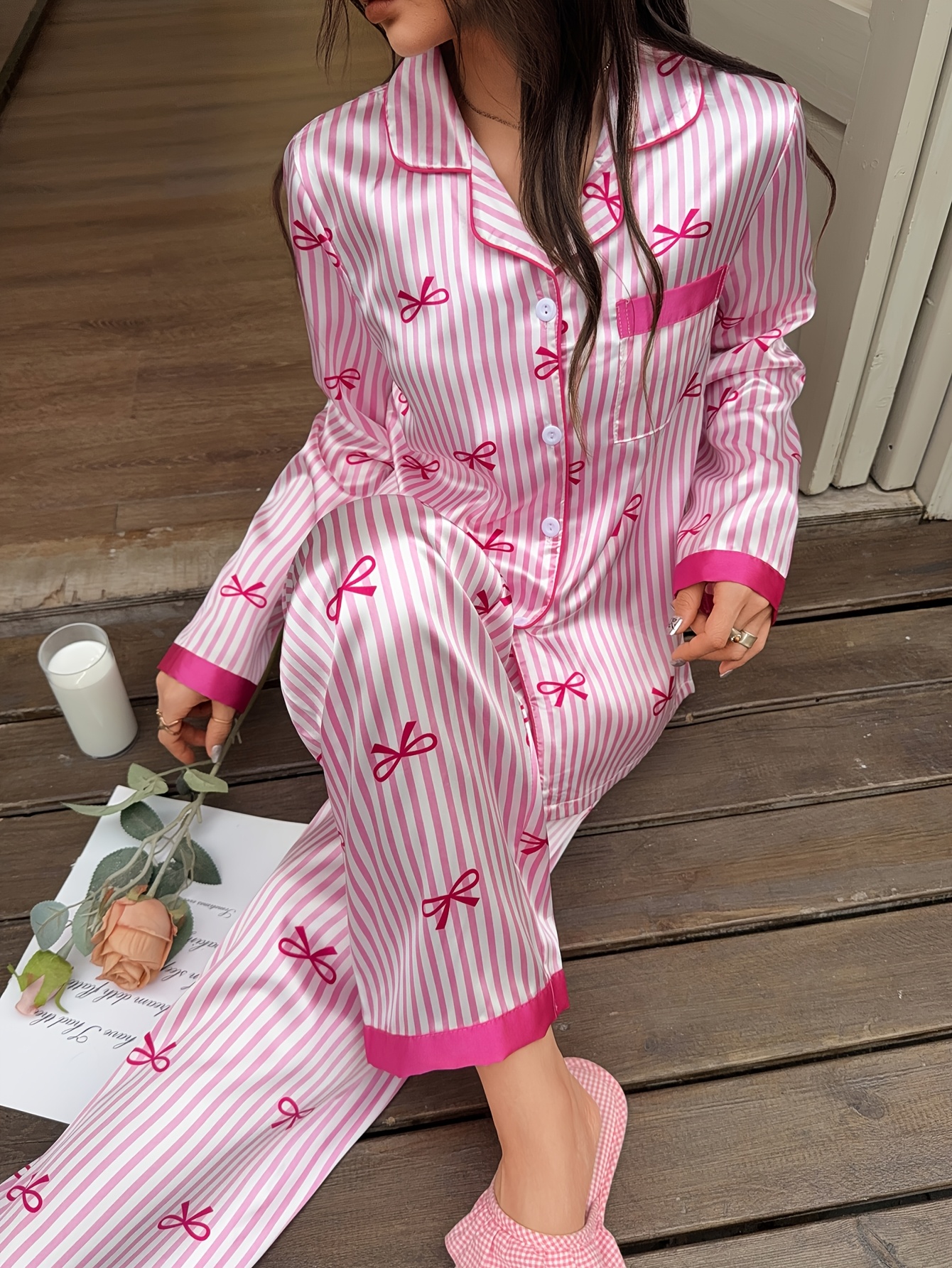 bowknot striped printed long sleeve pants womens set