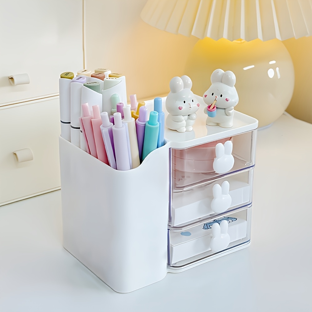 item picture a desktop storage box with three drawers and stickers a multifunctional pen holder suitable for organizing stationery and office supplies ideal for schools offices and dorms   serves as   organizer