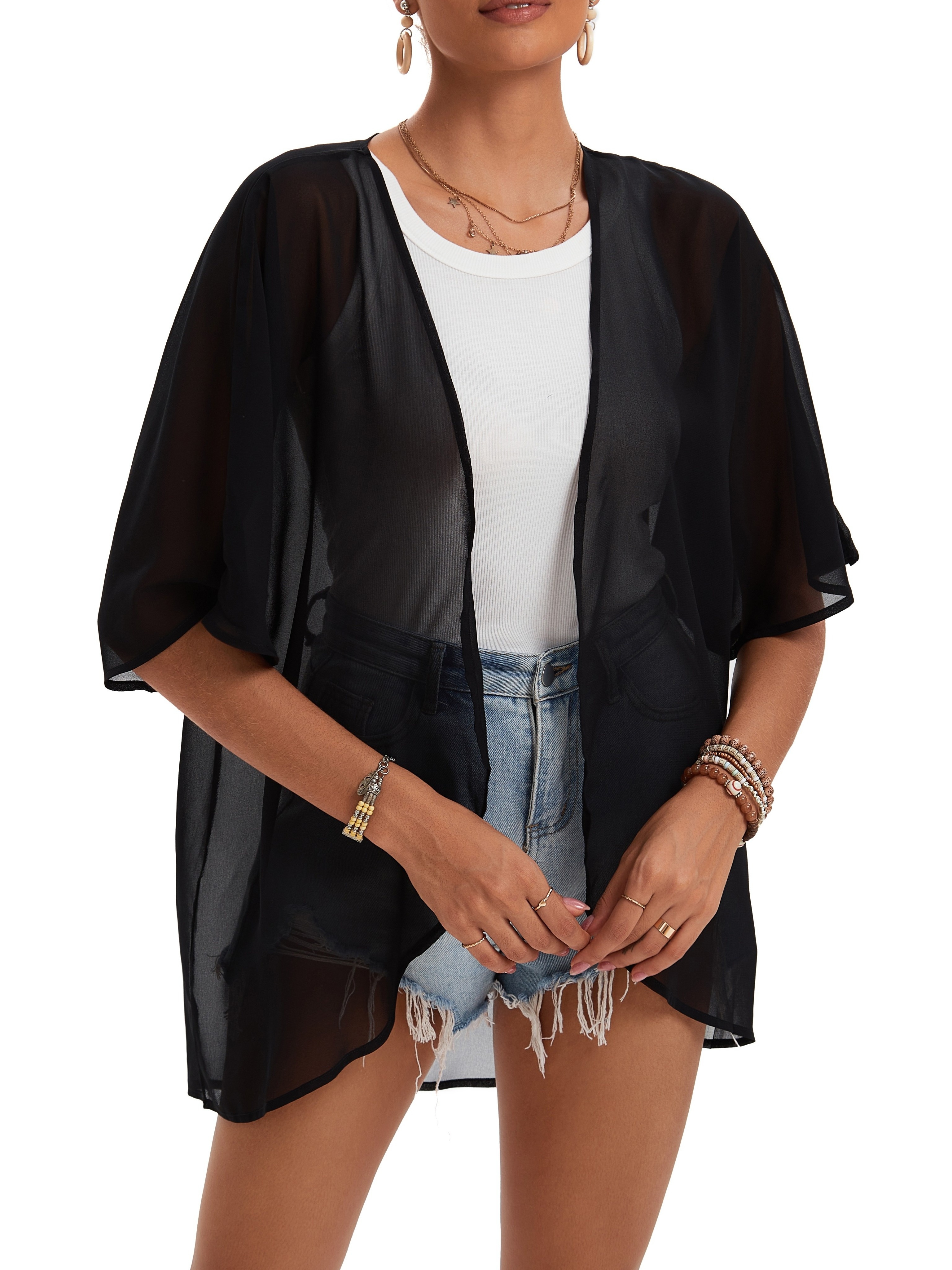 2025 New Oversized Ins-Style Loose Kimono, Multi-Fashion Solid Color Casual Batwing Sleeve Shirt Top, Commute Vacation Lazy Kimono Elegant Women's Swimwear Outer Jacket