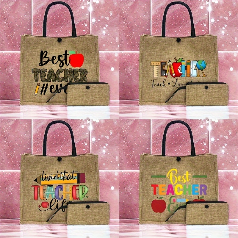 

Ensemble de 2 sacs fourre-tout colorés avec motif de lettres pour enseignants, sac de courses en toile de jute léger, sac de plage portable avec trousse de maquillage, cadeau pour les enseignants