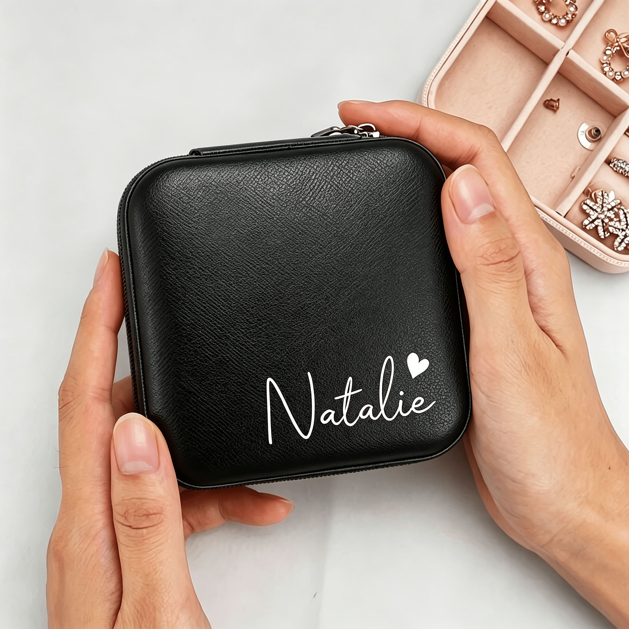 TEMU Personalized Name And Heart-shaped Jewelry Box - Custom Beige Bridesmaid Jewelry Box With Zipper Closure, Fabric Lining, And Compartments,
