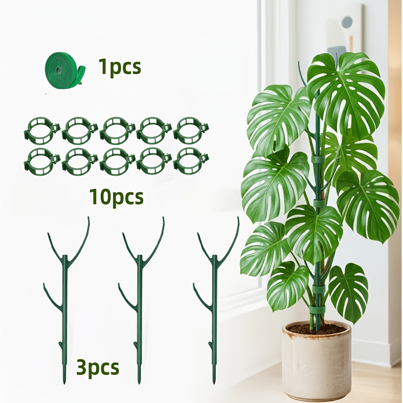 TEMU 14pcs Monstera Plant Support Rod Set, Including 3pcs Support Stands And 1 Roll Of Tape And 10pcs Plant Clips, Stackable Tall Rod With Bundling,