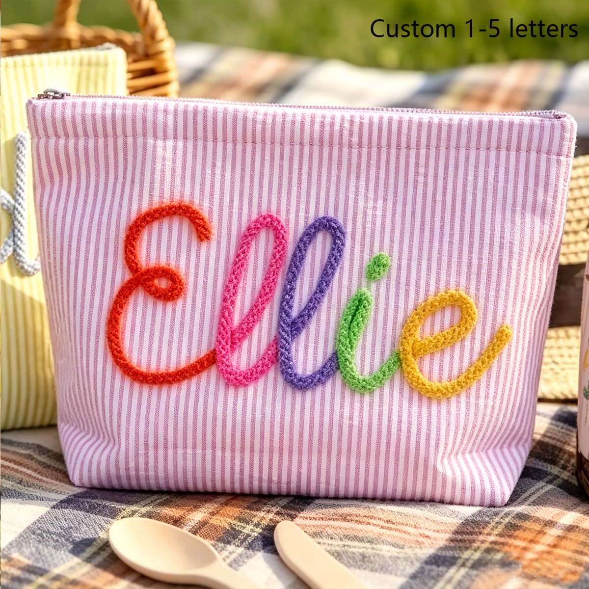 [customizable] 1pc Personalized Seersucker Striped Makeup Bag --vacation And Travel Cosmetic Pouch, Summer Beach Bag, Bridesmaid Gift, Gift For Girlfriend