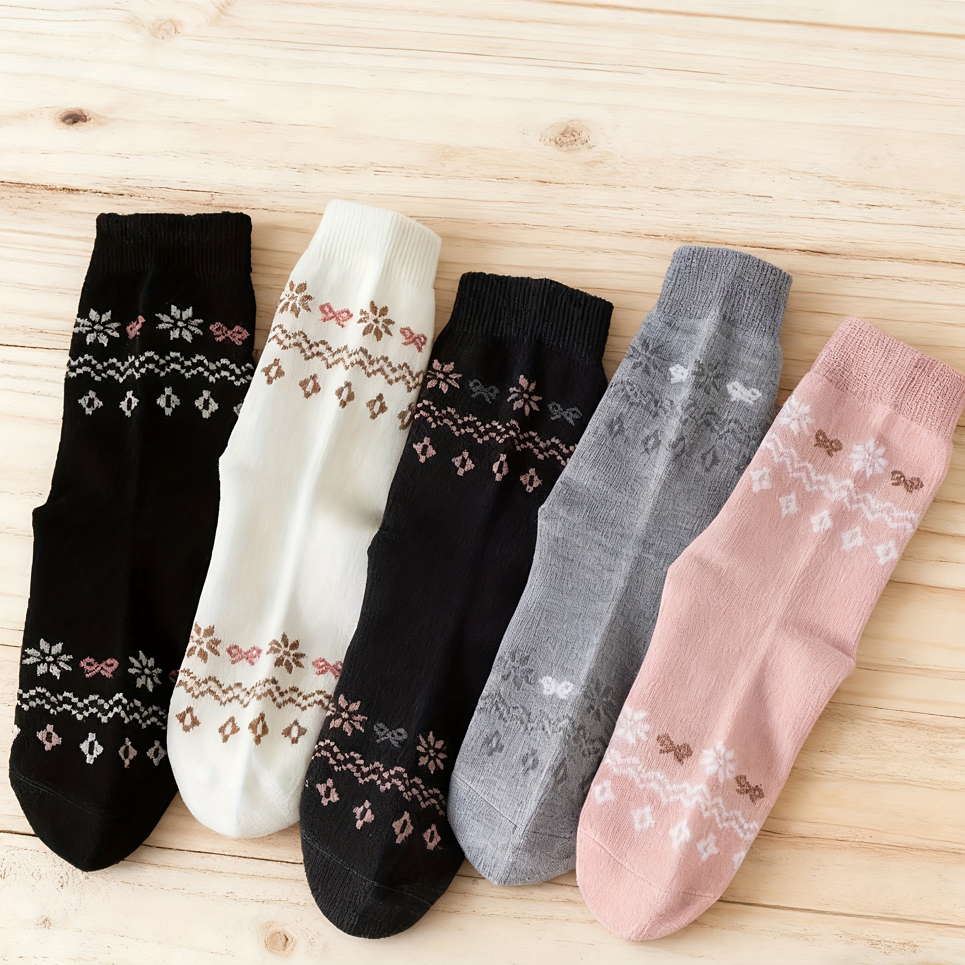 TEMU 5-pack Vintage Nordic Fair Isle Snowflake Women's Mid-calf Versatile Socks For Autumn And Winter